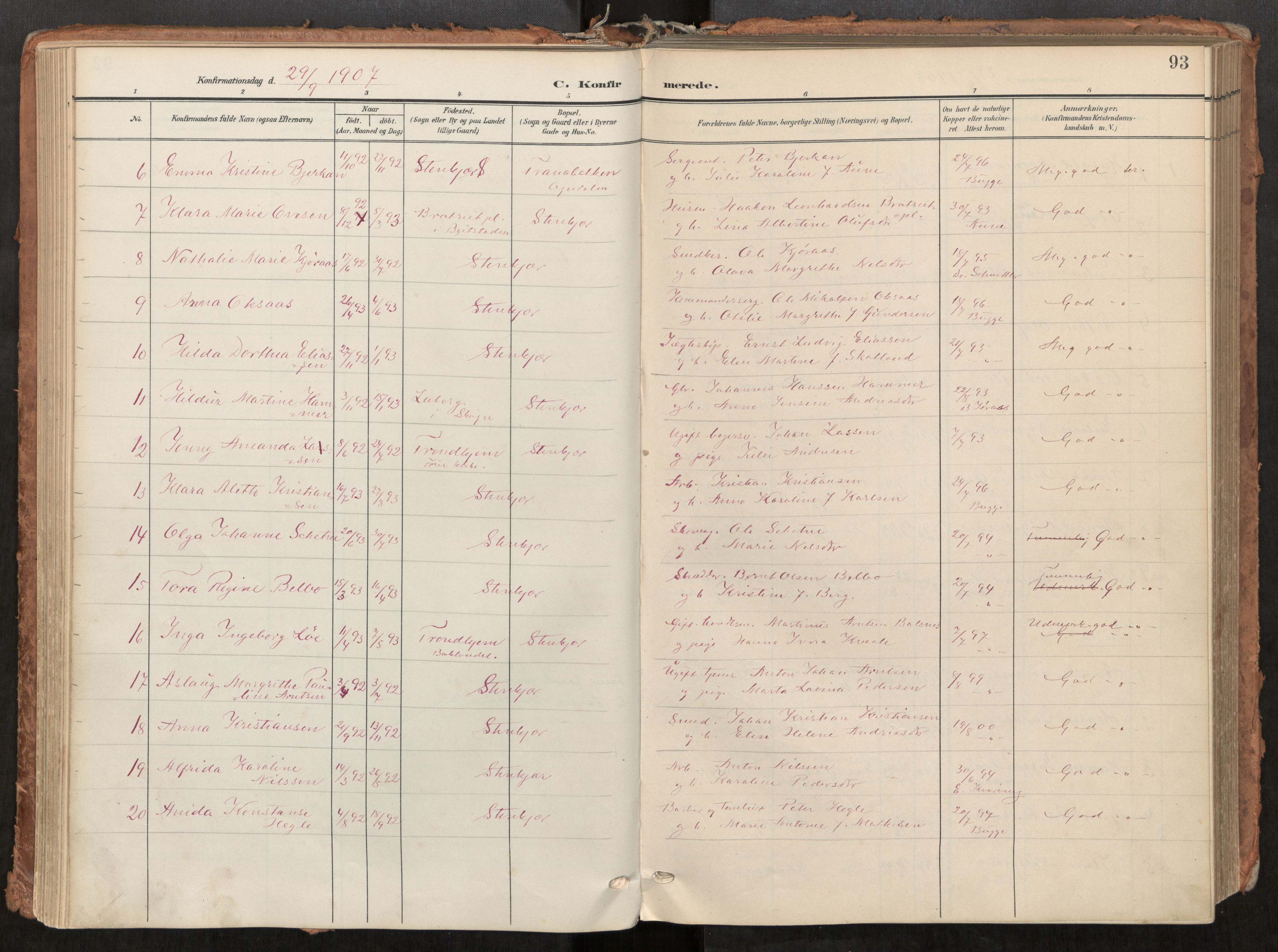 Steinkjer sokneprestkontor, SAT/A-1541/01/H/Ha/Haa/L0001: Parish register (official) no. 1, 1904-1912, p. 93