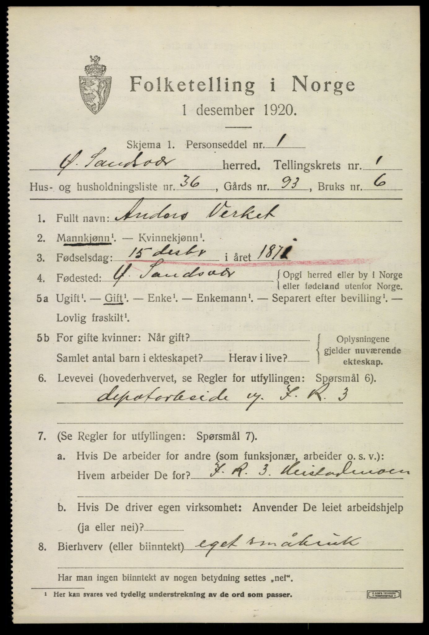 SAKO, 1920 census for Øvre Sandsvær, 1920, p. 1366