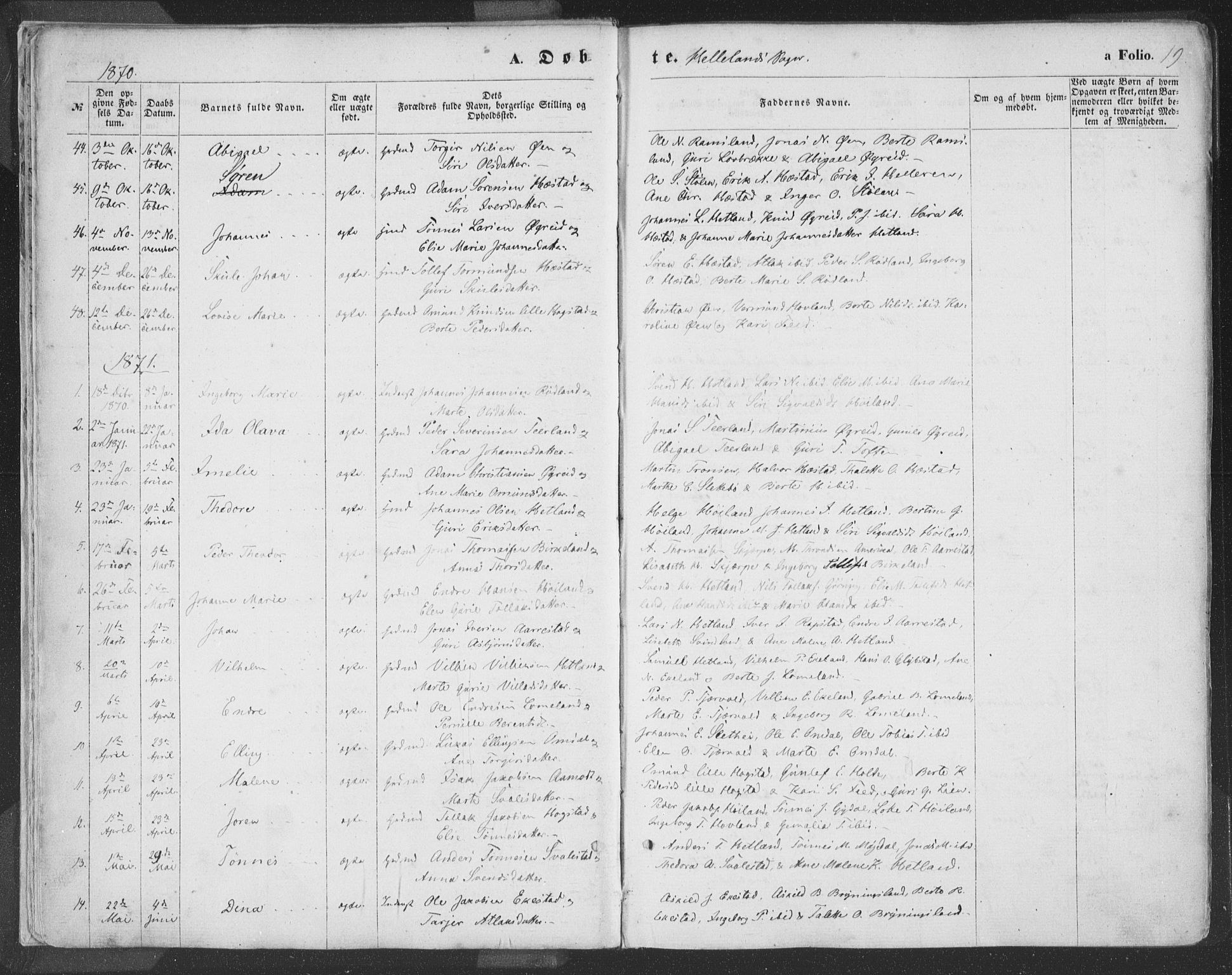 Helleland sokneprestkontor, AV/SAST-A-101810: Parish register (official) no. A 7.1, 1863-1886, p. 19