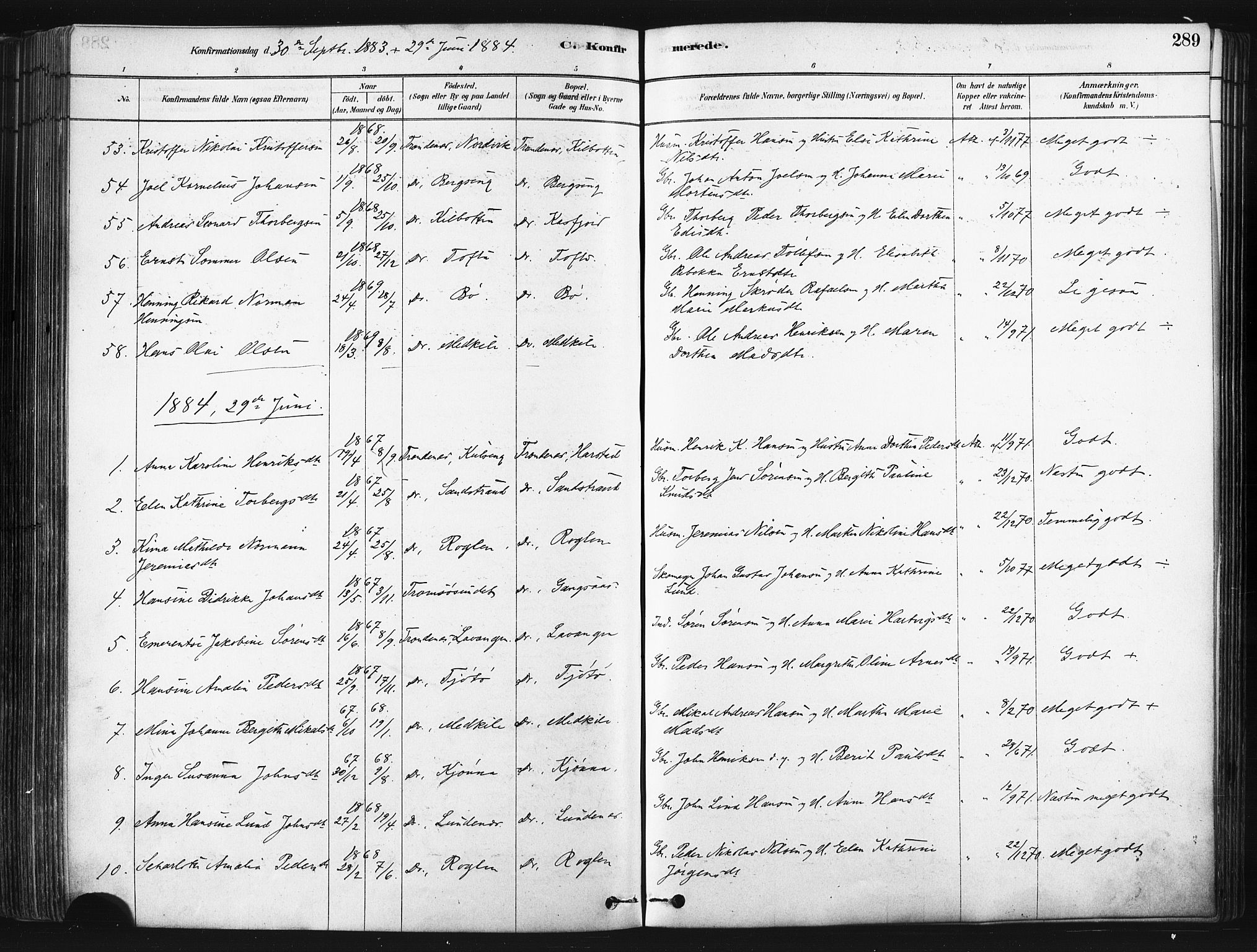 Trondenes sokneprestkontor, SATØ/S-1319/H/Ha/L0014kirke: Parish register (official) no. 14, 1878-1889, p. 289
