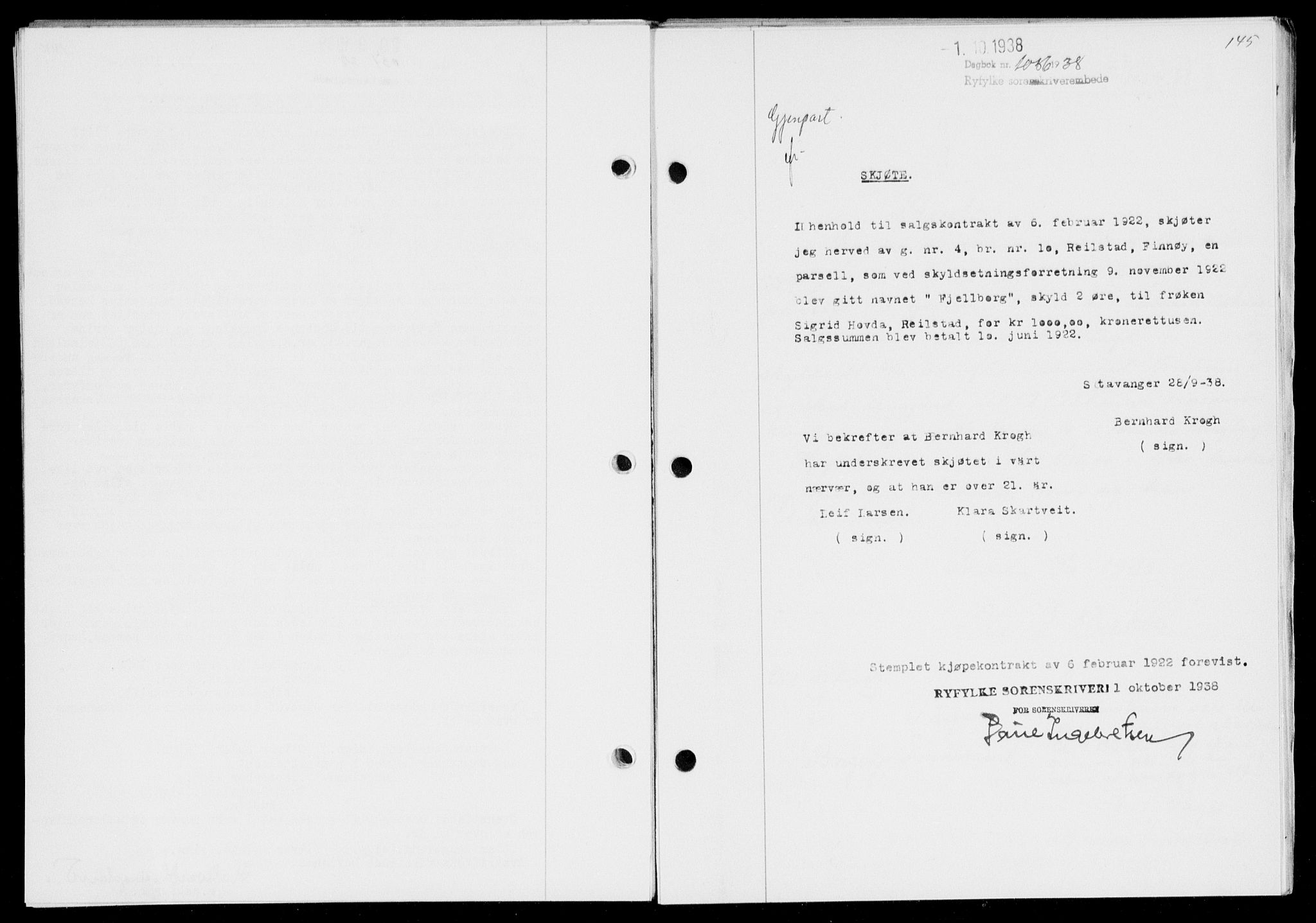 Ryfylke tingrett, SAST/A-100055/001/II/IIB/L0078: Mortgage book no. 57, 1938-1938, Diary no: : 1056/1938