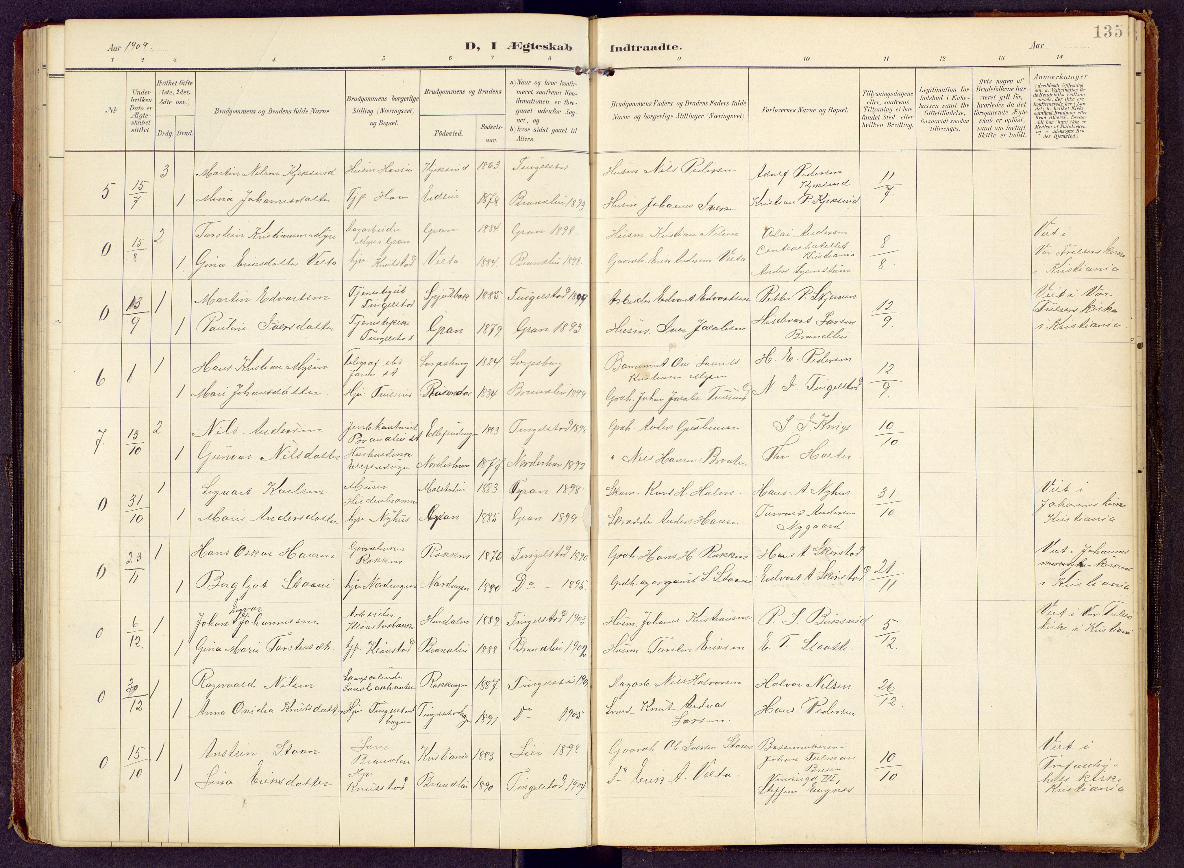 Brandbu prestekontor, SAH/PREST-114/H/Ha/Hab/L0009: Parish register (copy) no. 9, 1903-1916, p. 135