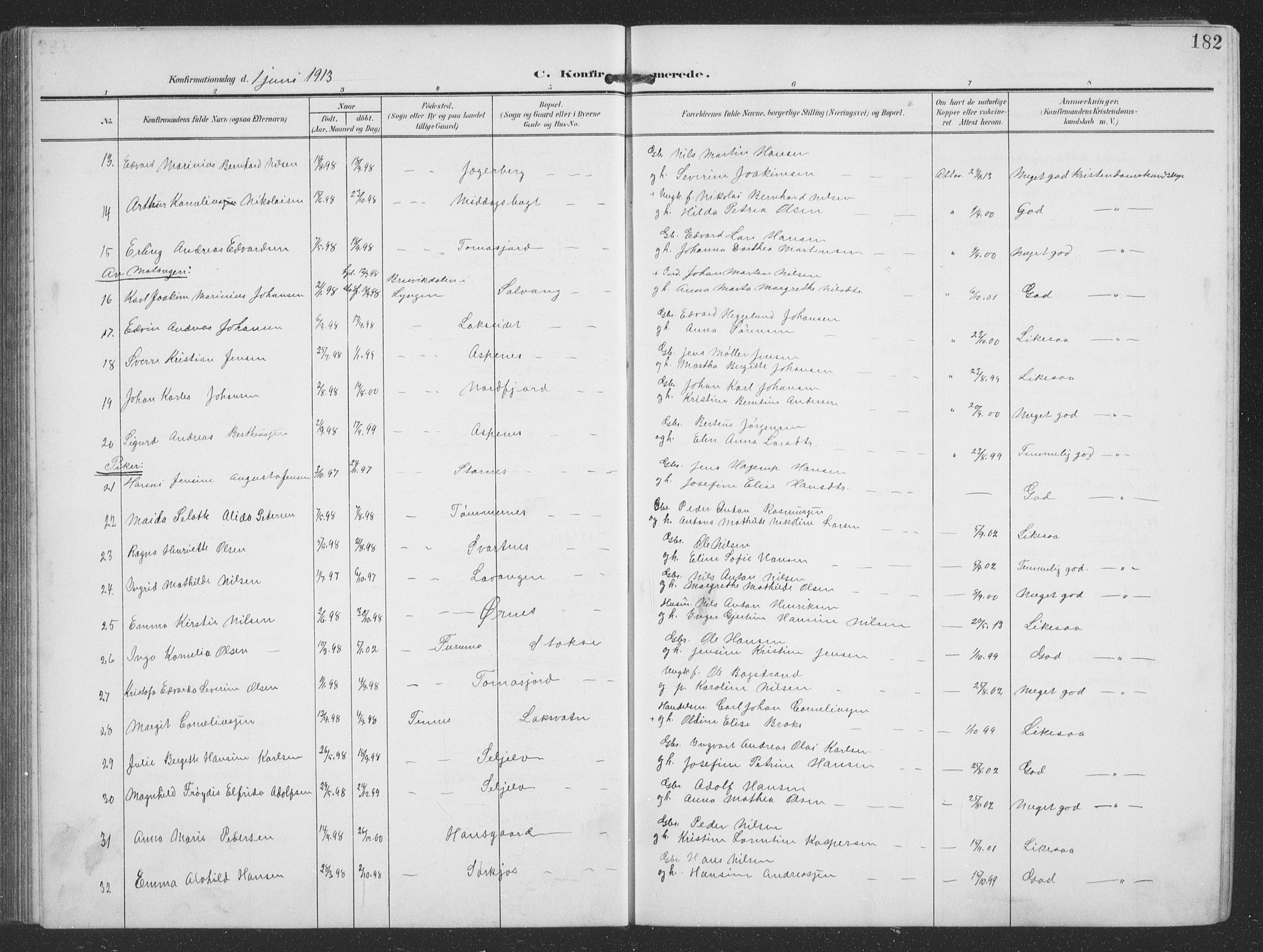 Balsfjord sokneprestembete, AV/SATØ-S-1303/G/Gab/L0009klokker: Parish register (copy) no. 9, 1906-1920, p. 182
