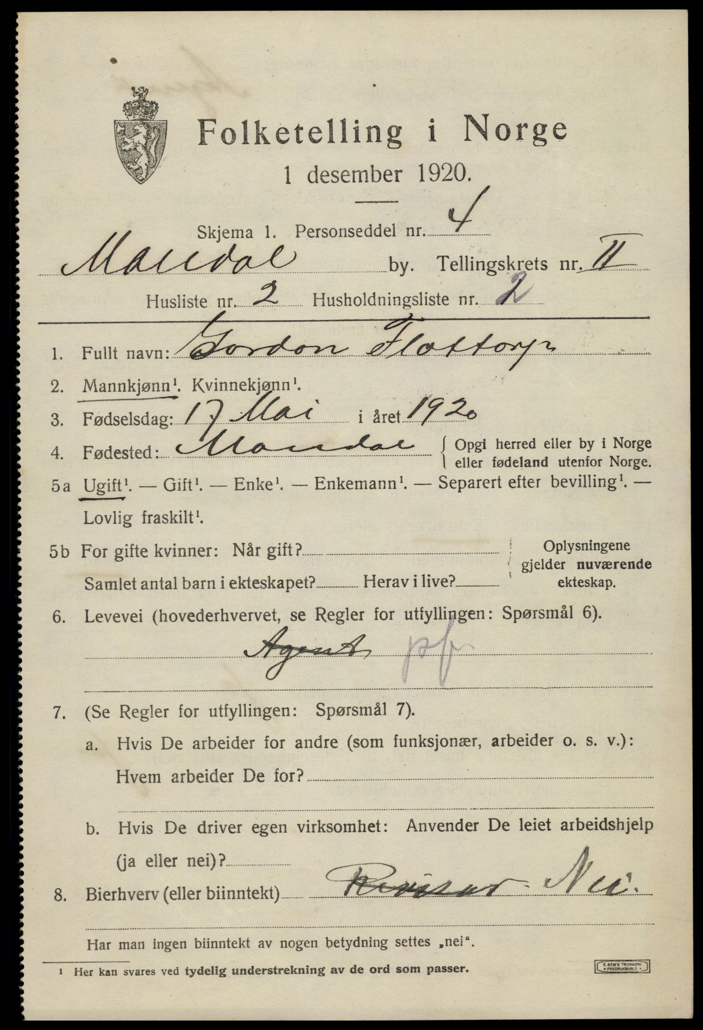 SAK, 1920 census for Mandal, 1920, p. 4767