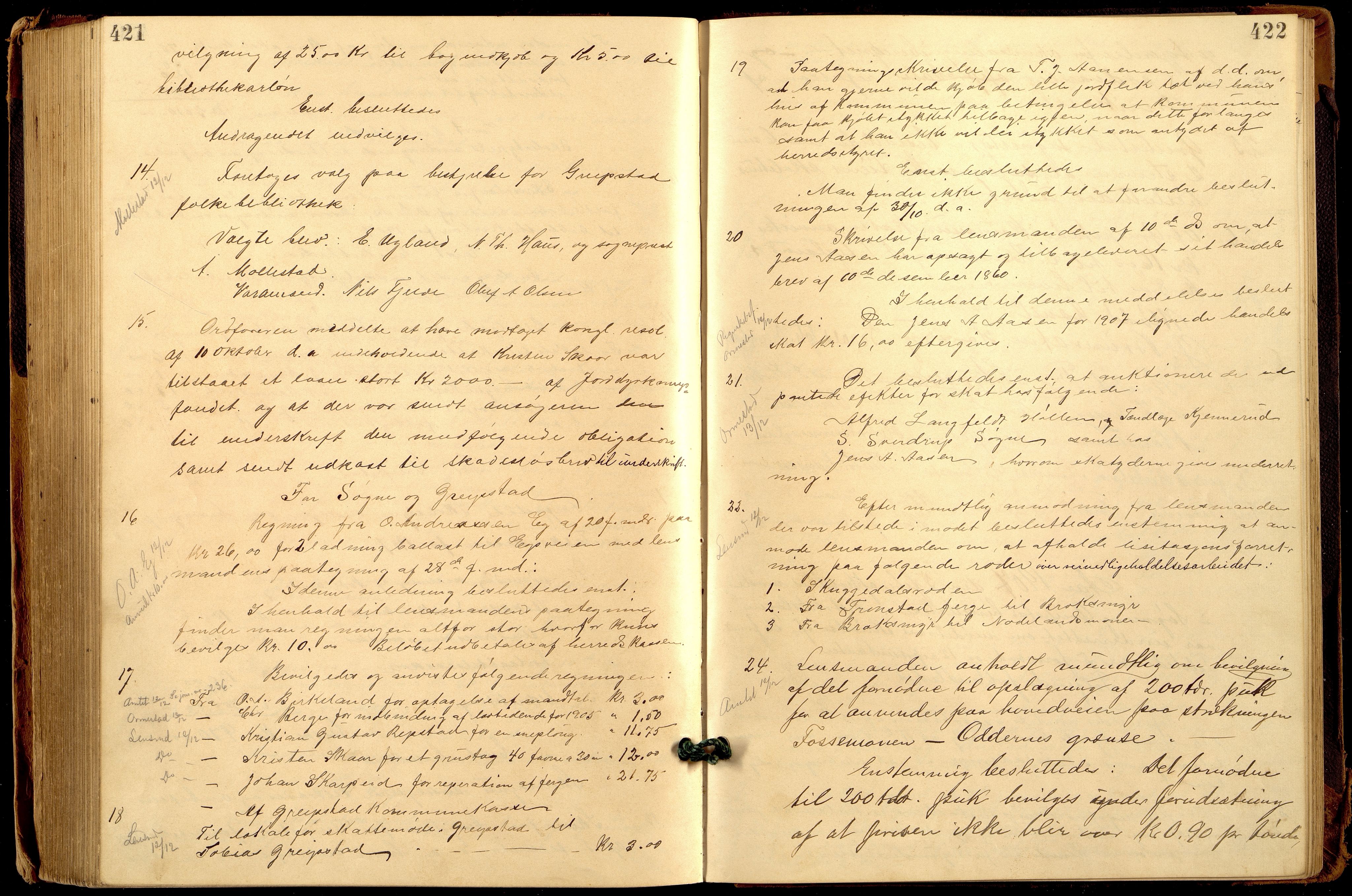 Søgne og Greipstad kommune - Formannskapet, ARKSOR/1018SG120/A/L0006: Møtebok (d), 1901-1909, p. 421-422