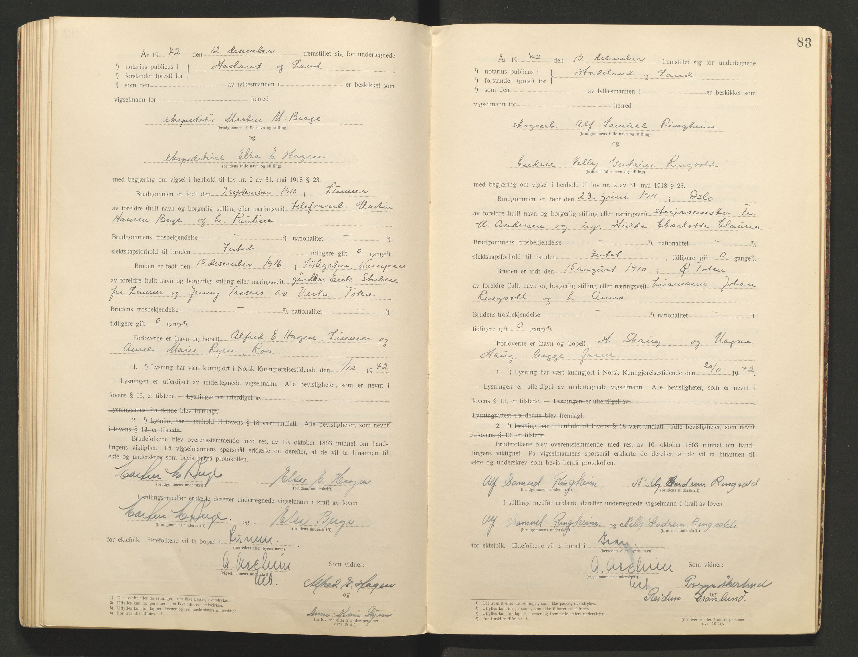Hadeland og Land tingrett, AV/SAH-TING-010/L/Lb/L0001: Vigselbok, 1920-1943, p. 83