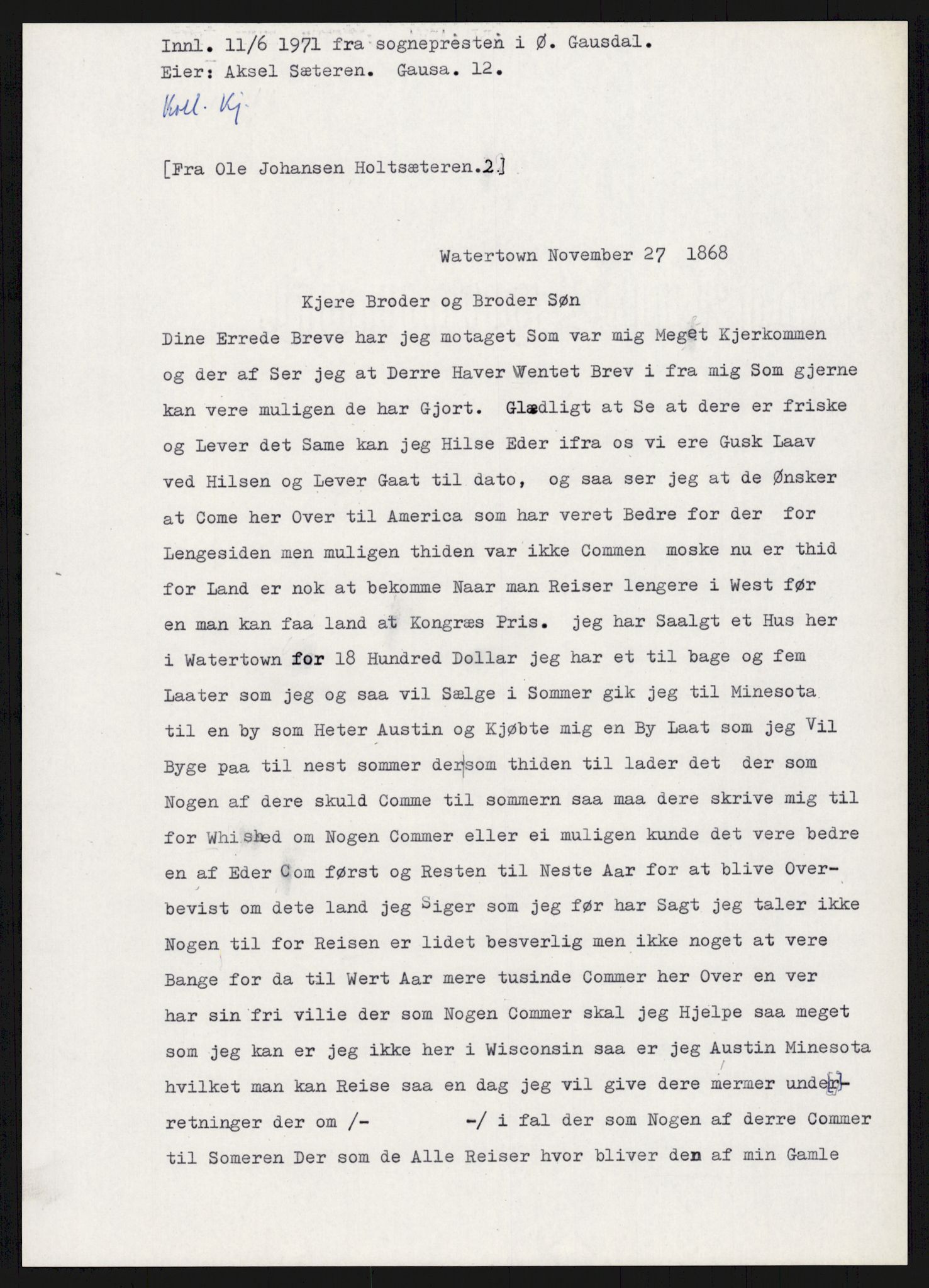 Samlinger til kildeutgivelse, Amerikabrevene, AV/RA-EA-4057/F/L0015: Innlån fra Oppland: Sæteren - Vigerust, 1838-1914, p. 101