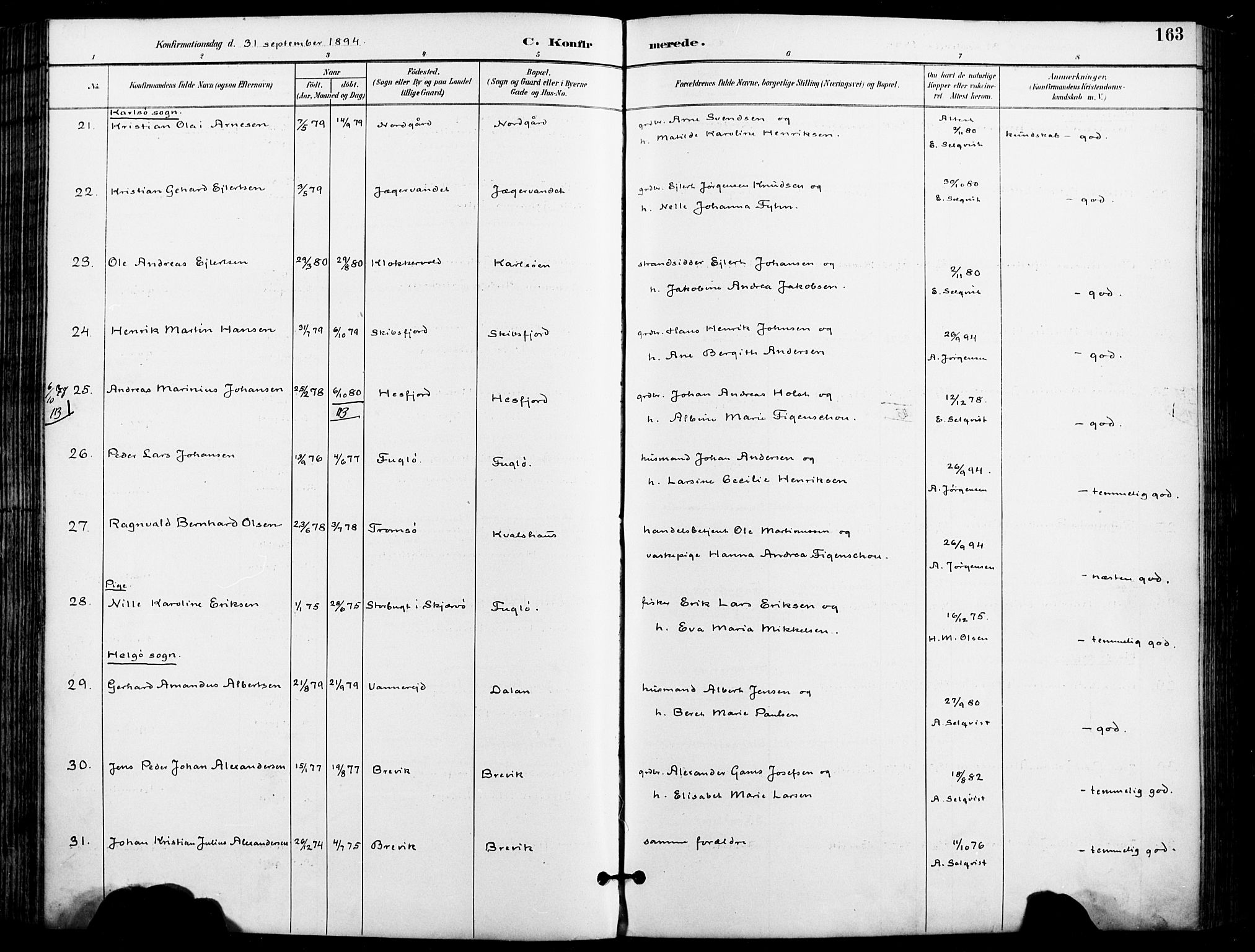 Karlsøy sokneprestembete, AV/SATØ-S-1299/H/Ha/Haa/L0007kirke: Parish register (official) no. 7, 1891-1902, p. 163