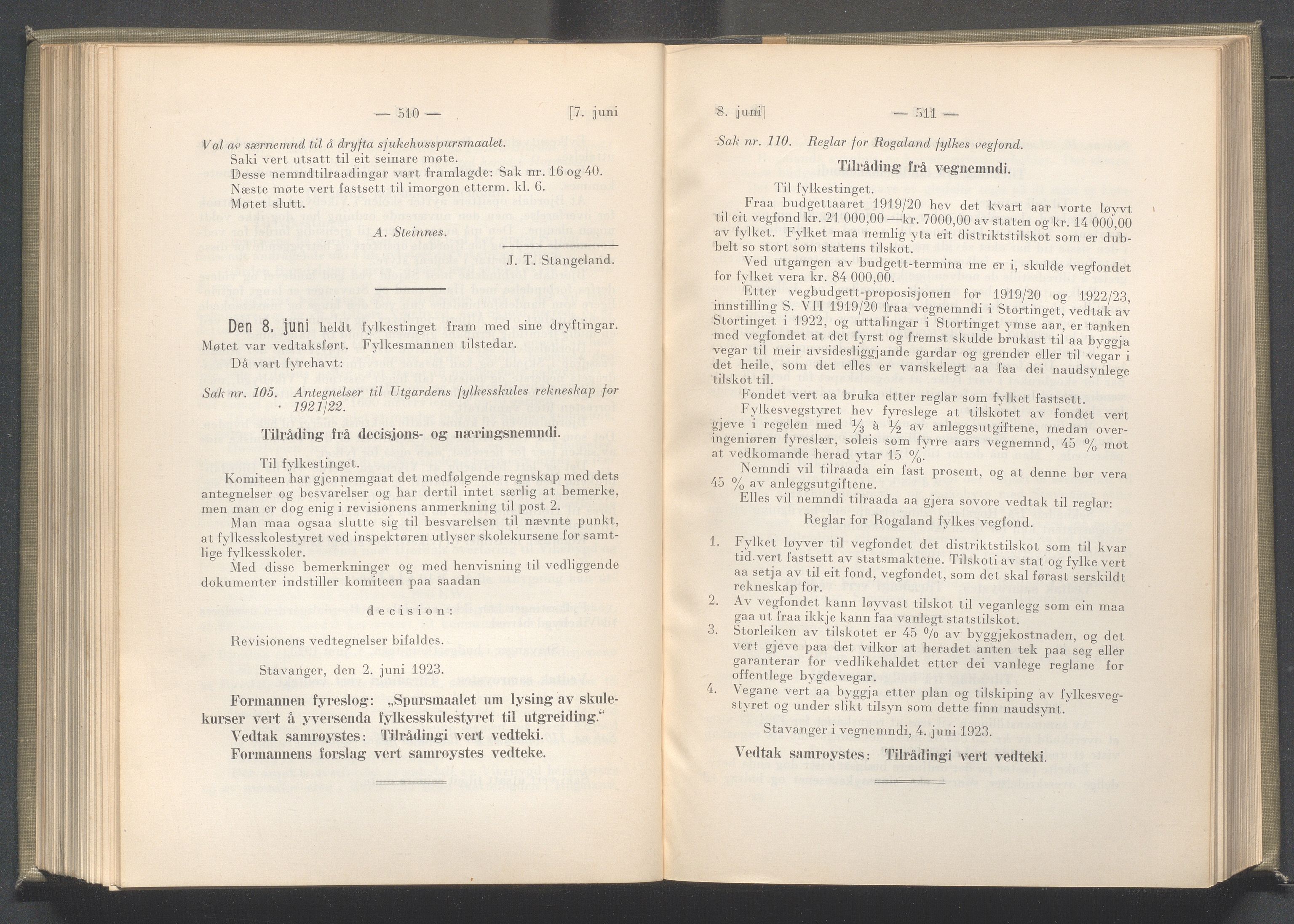 Rogaland fylkeskommune - Fylkesrådmannen , IKAR/A-900/A/Aa/Aaa/L0042: Møtebok , 1923, p. 510-511