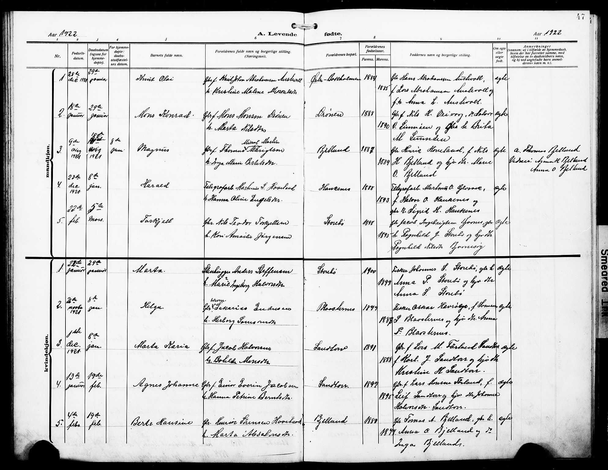 Austevoll Sokneprestembete, SAB/A-74201/H/Hab: Parish register (copy) no. A 5, 1913-1925, p. 47