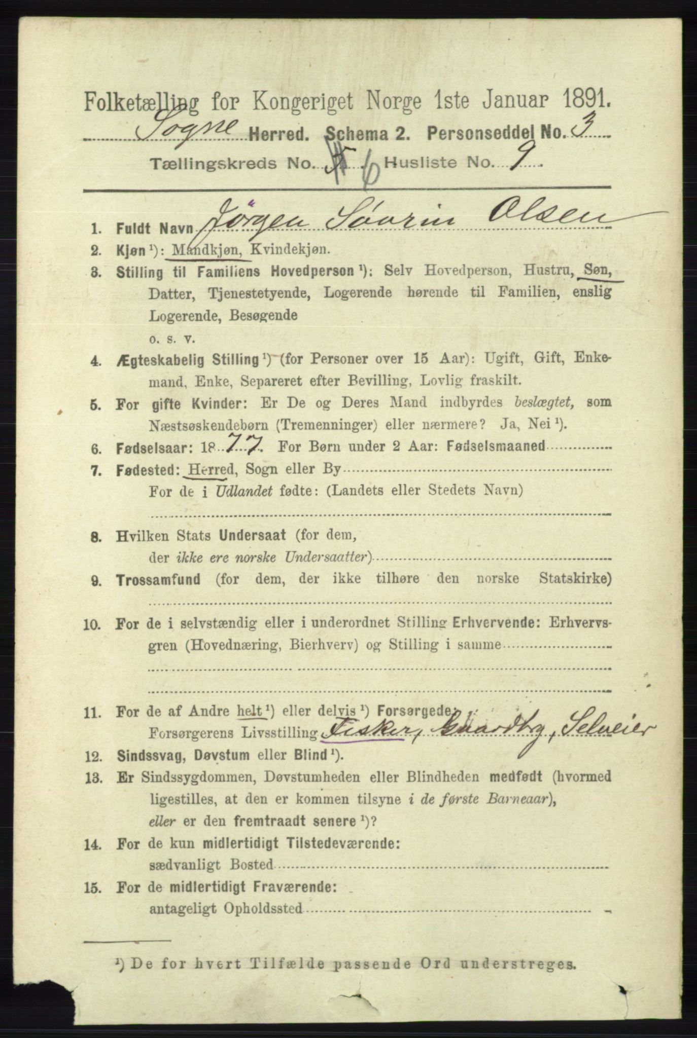 RA, 1891 census for 1018 Søgne, 1891, p. 1420