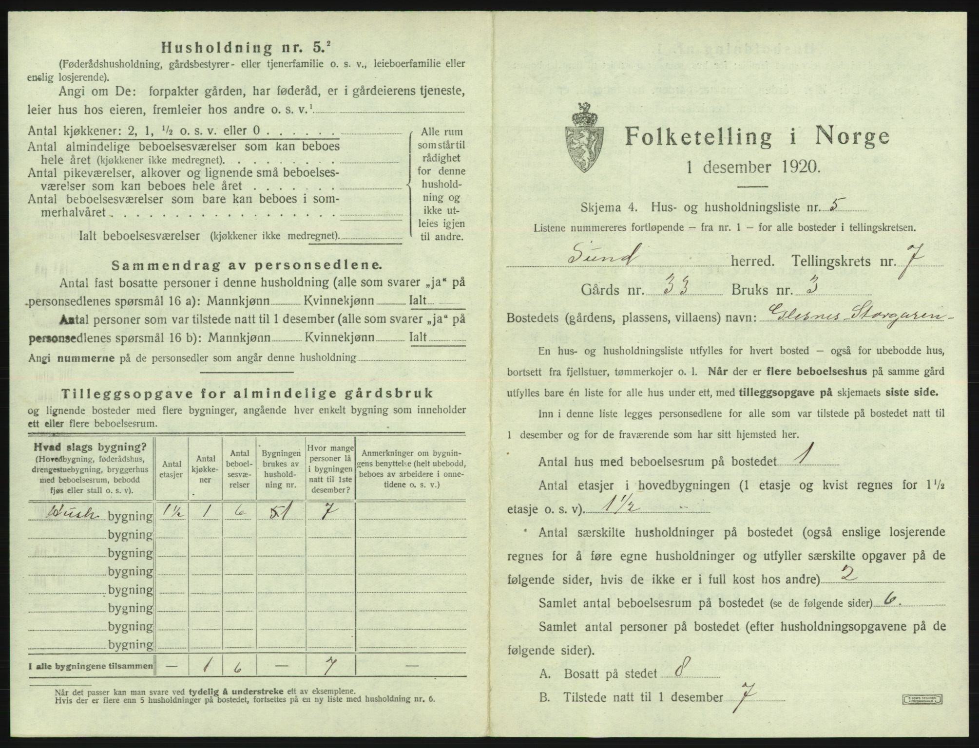 SAB, 1920 census for Sund, 1920, p. 600