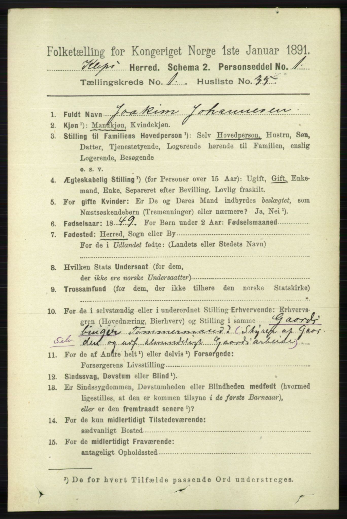 RA, 1891 census for 1120 Klepp, 1891, p. 298