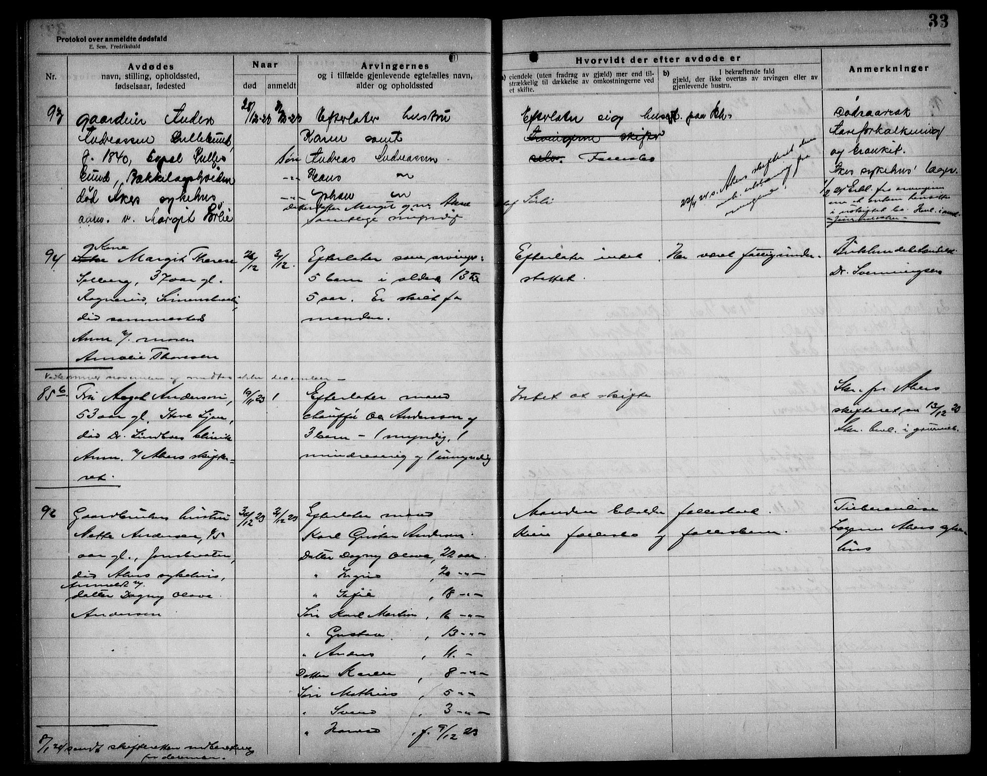 Aker kriminaldommer, skifte- og auksjonsforvalterembete, AV/SAO-A-10452/H/Hb/Hba/Hbad/L0001: Dødsfallsprotokoll for Nordstrand, 1922-1929, p. 33