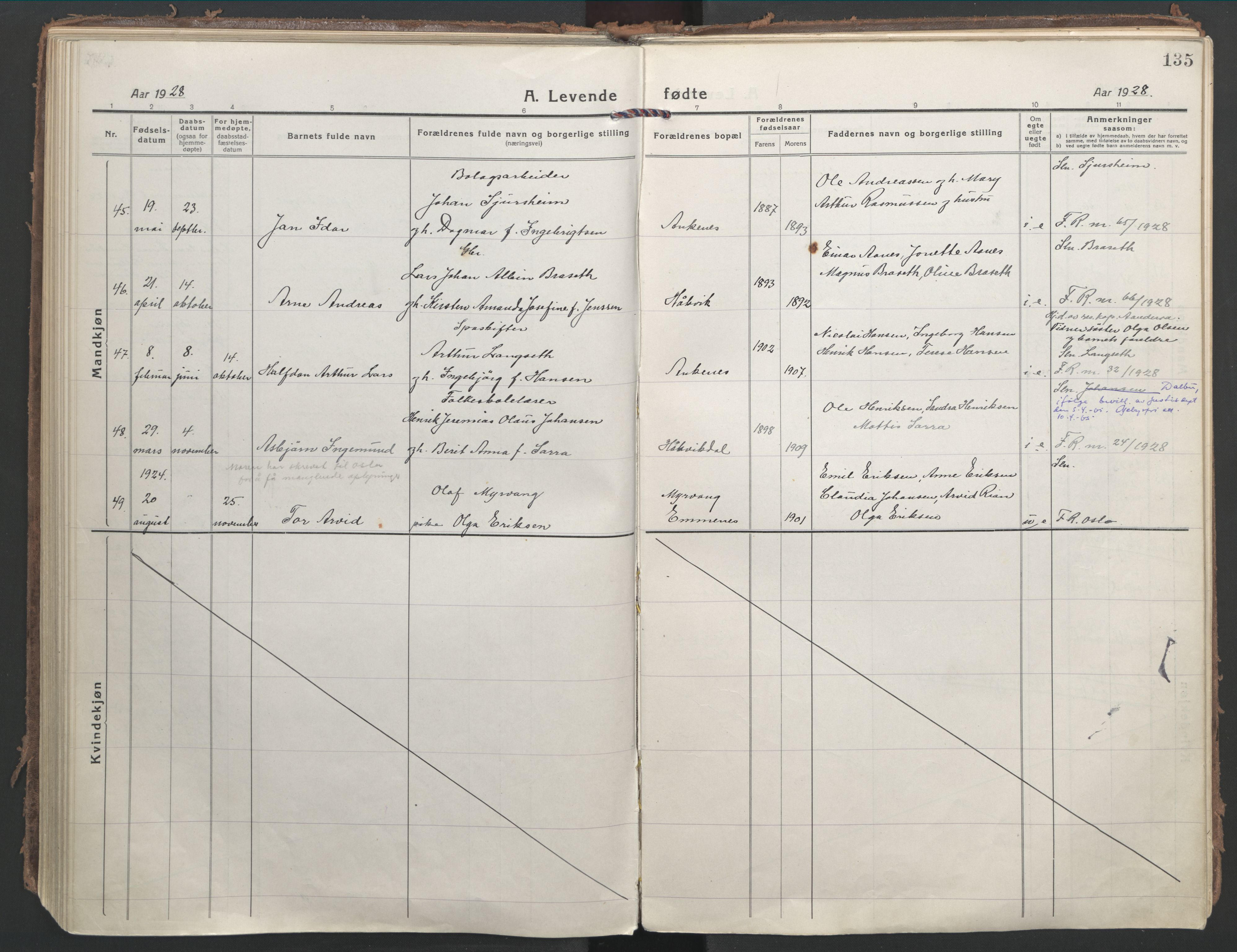 Ministerialprotokoller, klokkerbøker og fødselsregistre - Nordland, AV/SAT-A-1459/866/L0945: Parish register (official) no. 866A08, 1917-1935, p. 135