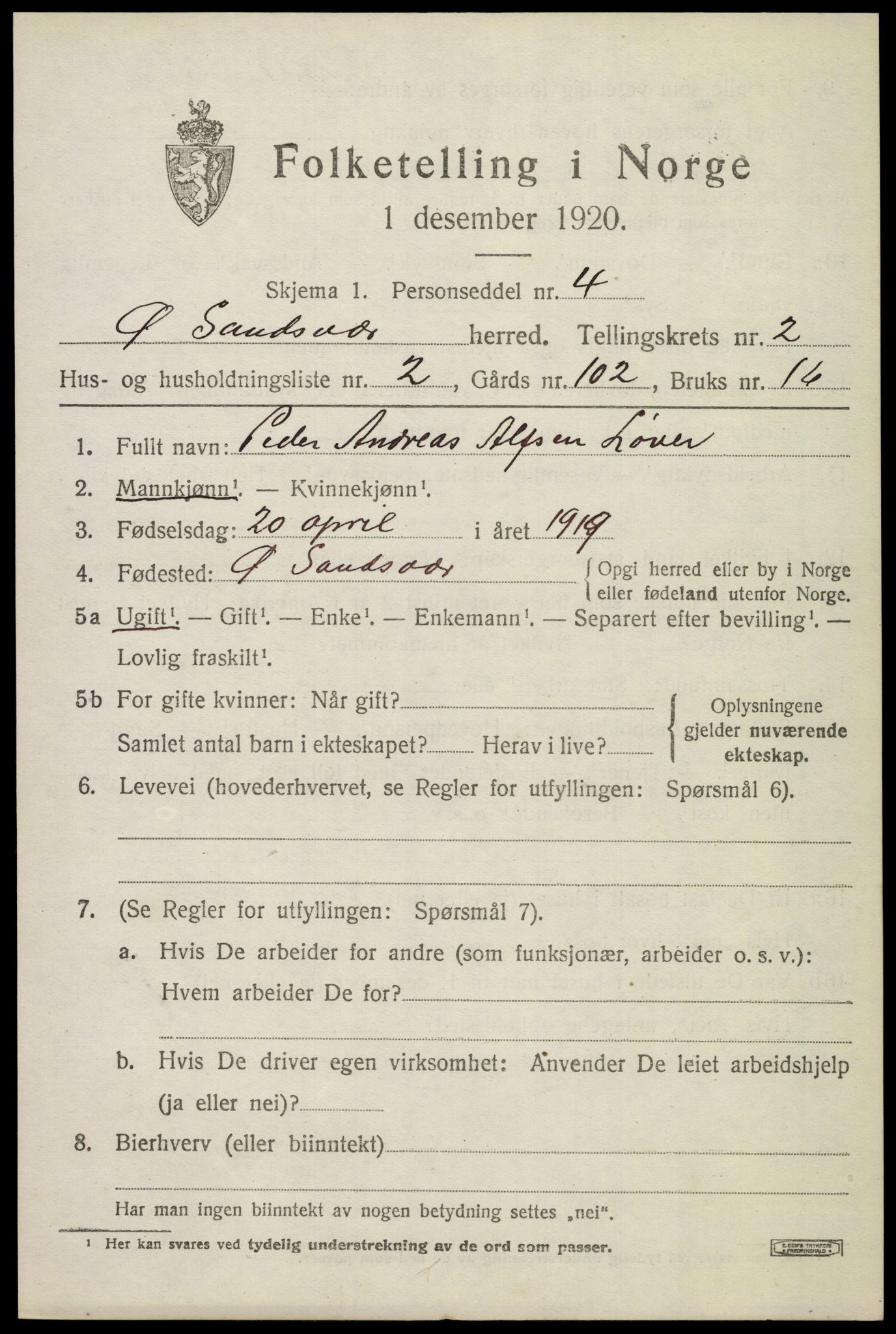SAKO, 1920 census for Øvre Sandsvær, 1920, p. 1610
