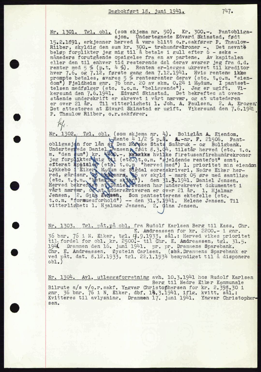 Eiker, Modum og Sigdal sorenskriveri, SAKO/A-123/G/Ga/Gab/L0043: Mortgage book no. A13, 1940-1941, Diary no: : 1301/1941