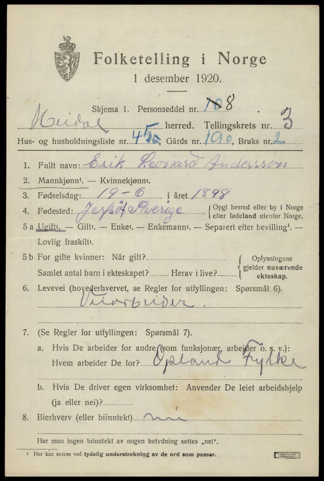 SAH, 1920 census for Heidal, 1920, p. 2016