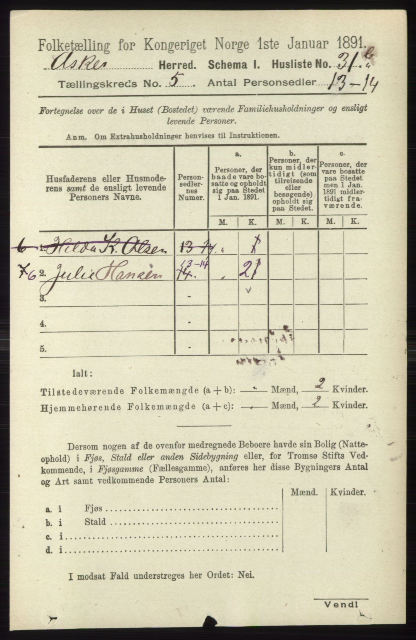 RA, 1891 census for 0220 Asker, 1891, p. 3665