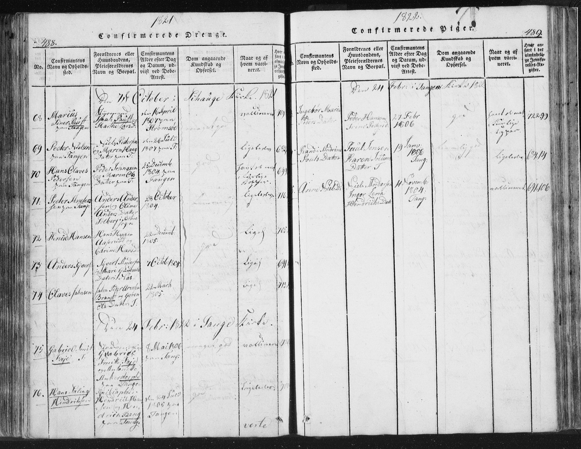 Strømsø kirkebøker, SAKO/A-246/F/Fb/L0004: Parish register (official) no. II 4, 1814-1843, p. 488-489
