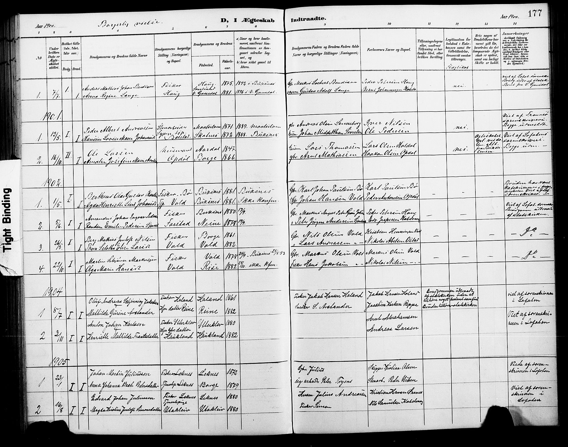 Ministerialprotokoller, klokkerbøker og fødselsregistre - Nordland, AV/SAT-A-1459/881/L1168: Parish register (copy) no. 881C05, 1900-1911, p. 177