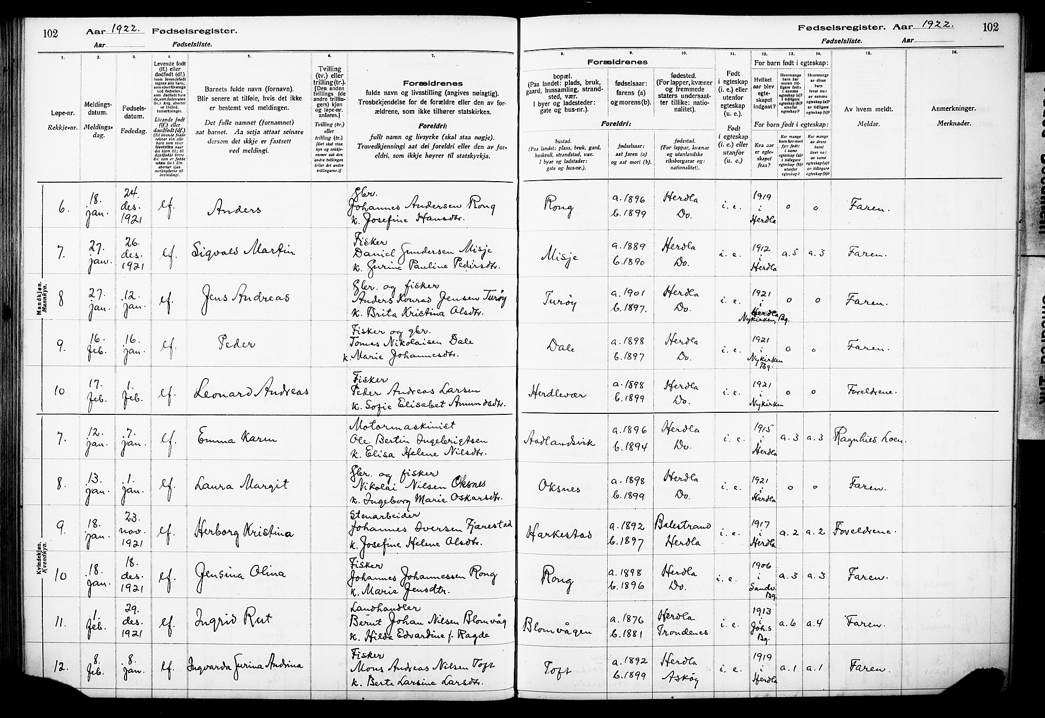 Herdla Sokneprestembete, SAB/A-75701/I/Id/L00A1: Birth register no. A 1, 1916-1929, p. 102