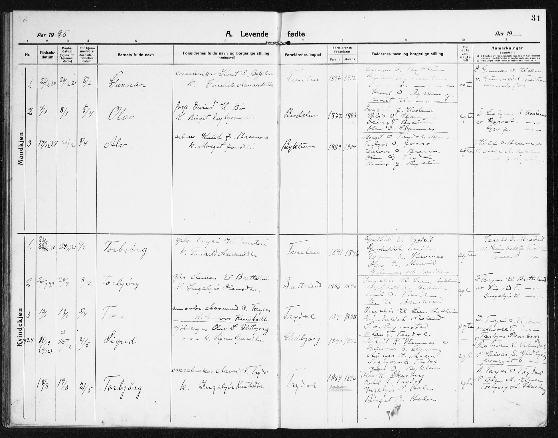 Valle sokneprestkontor, SAK/1111-0044/F/Fb/Fba/L0004: Parish register (copy) no. B 4, 1917-1944, p. 31