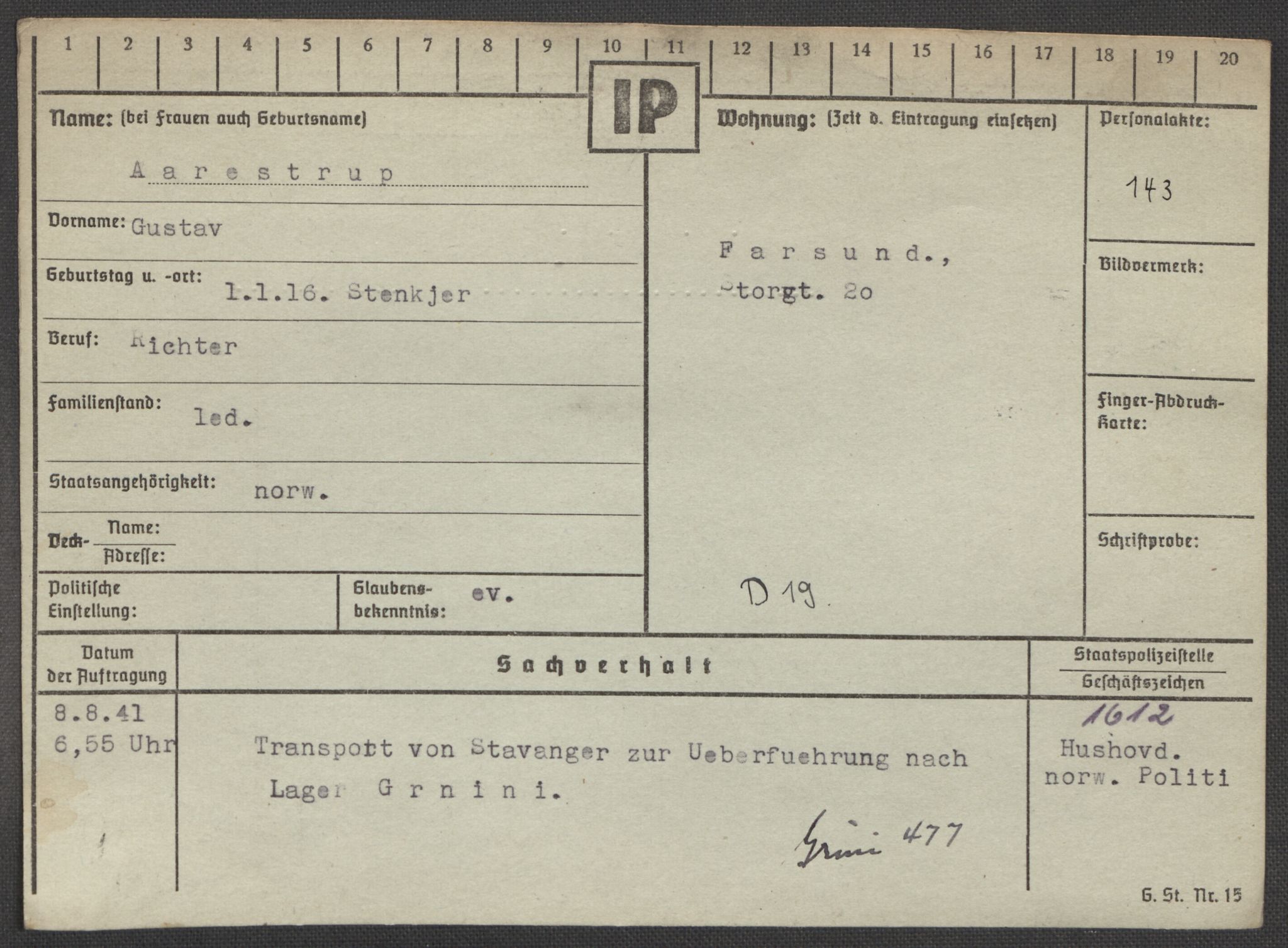 Befehlshaber der Sicherheitspolizei und des SD, AV/RA-RAFA-5969/E/Ea/Eaa/L0010: Register over norske fanger i Møllergata 19: Sø-Å, 1940-1945, p. 1456