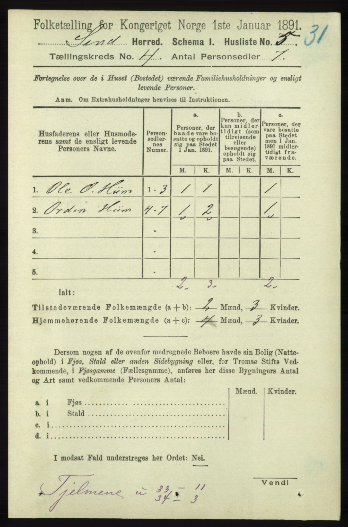 RA, 1891 census for 1136 Sand, 1891, p. 1158