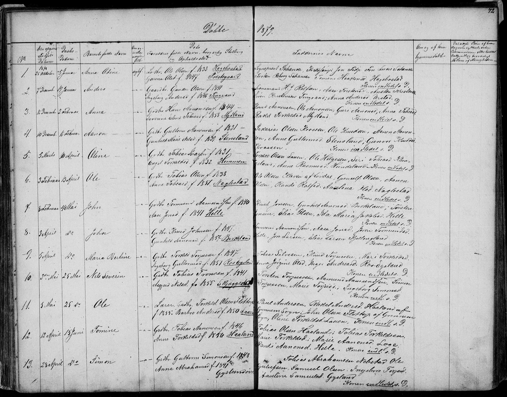 Hægebostad sokneprestkontor, AV/SAK-1111-0024/F/Fb/Fba/L0002: Parish register (copy) no. B 2, 1851-1882, p. 72