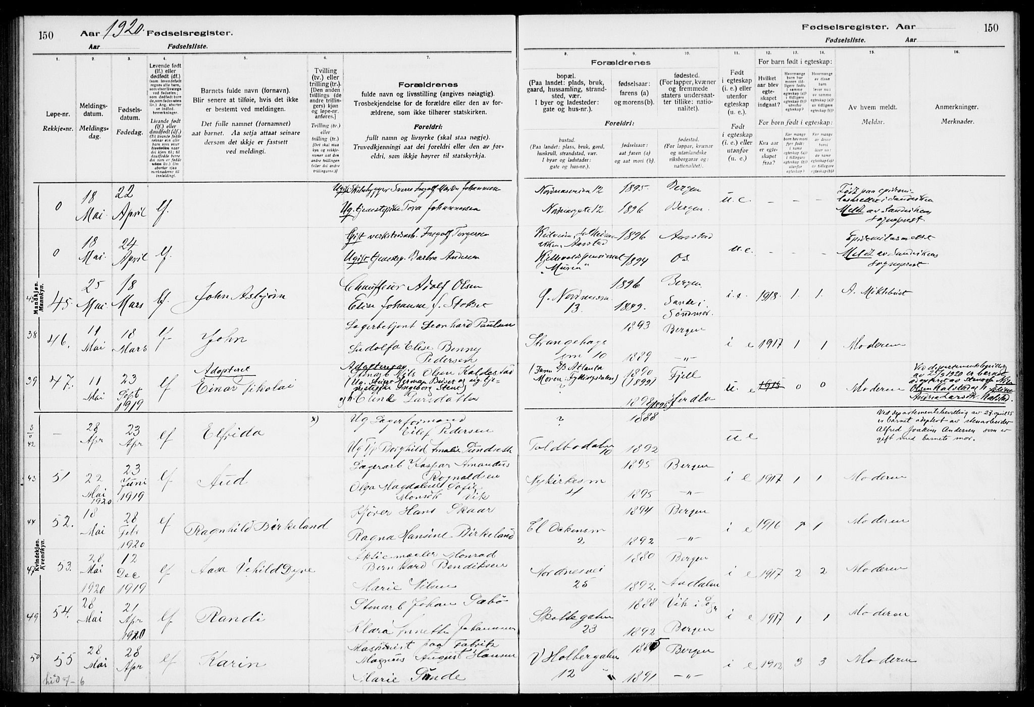Nykirken Sokneprestembete, SAB/A-77101/I/Id/L00A1: Birth register no. A 1, 1916-1922, p. 150