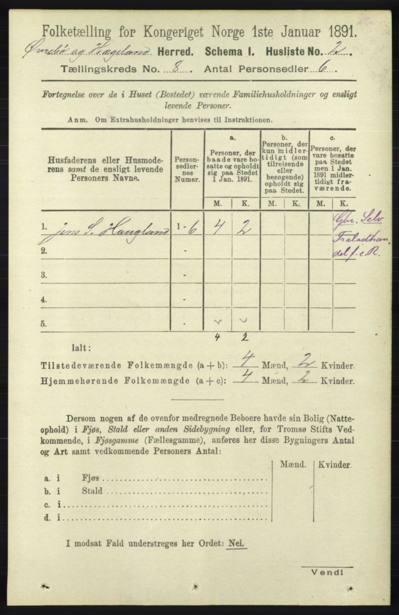 RA, 1891 census for 1016 Øvrebø og Hægeland, 1891, p. 1433