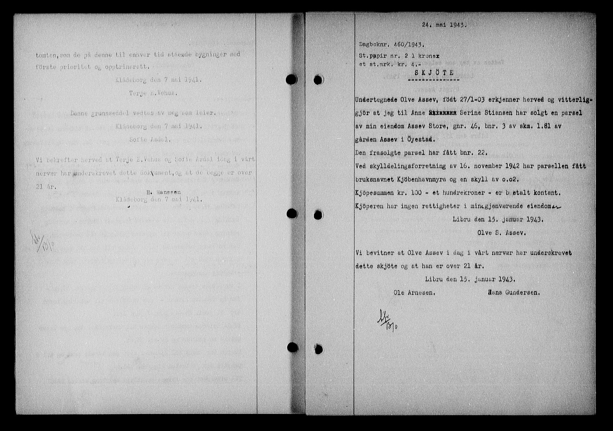 Nedenes sorenskriveri, AV/SAK-1221-0006/G/Gb/Gba/L0050: Mortgage book no. A-IV, 1942-1943, Diary no: : 460/1943
