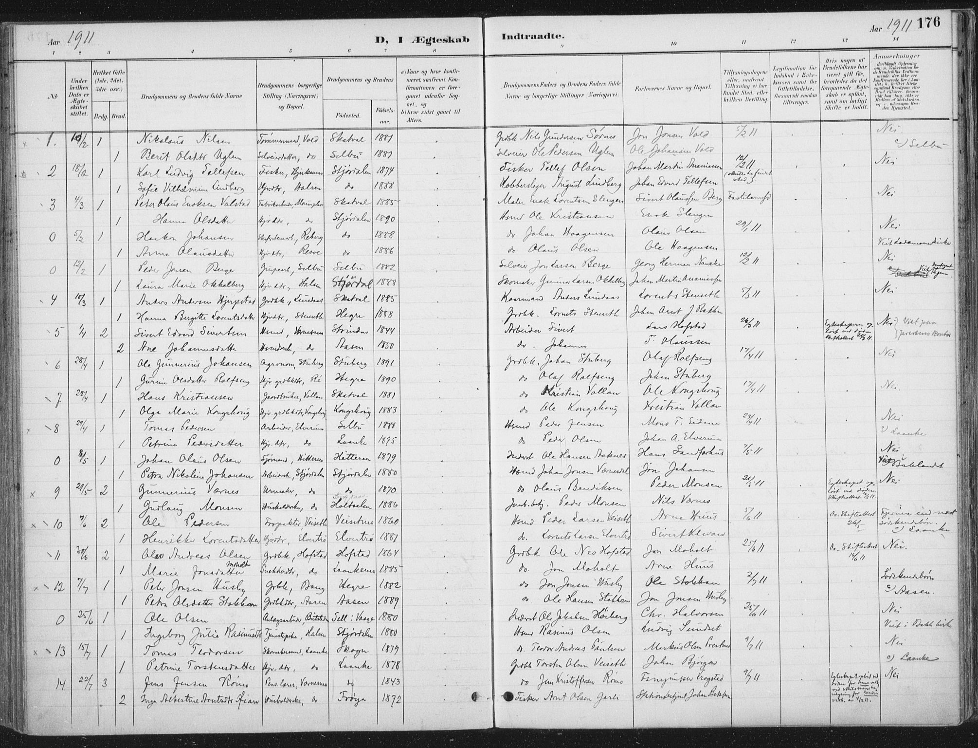 Ministerialprotokoller, klokkerbøker og fødselsregistre - Nord-Trøndelag, SAT/A-1458/709/L0082: Parish register (official) no. 709A22, 1896-1916, p. 176