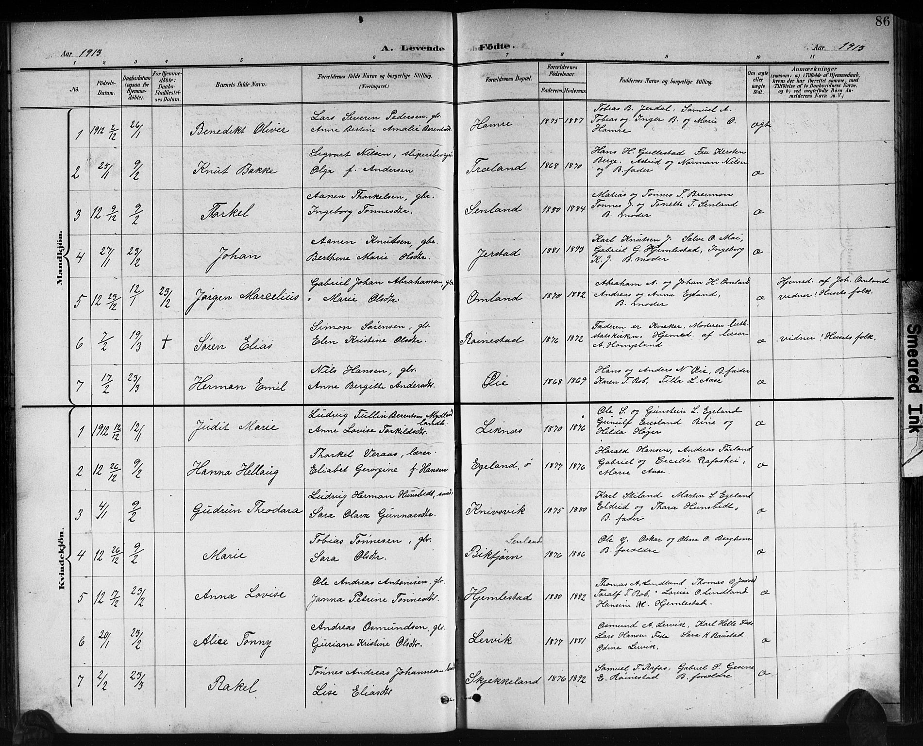 Kvinesdal sokneprestkontor, SAK/1111-0026/F/Fb/Fbb/L0003: Parish register (copy) no. B 3, 1898-1916, p. 86