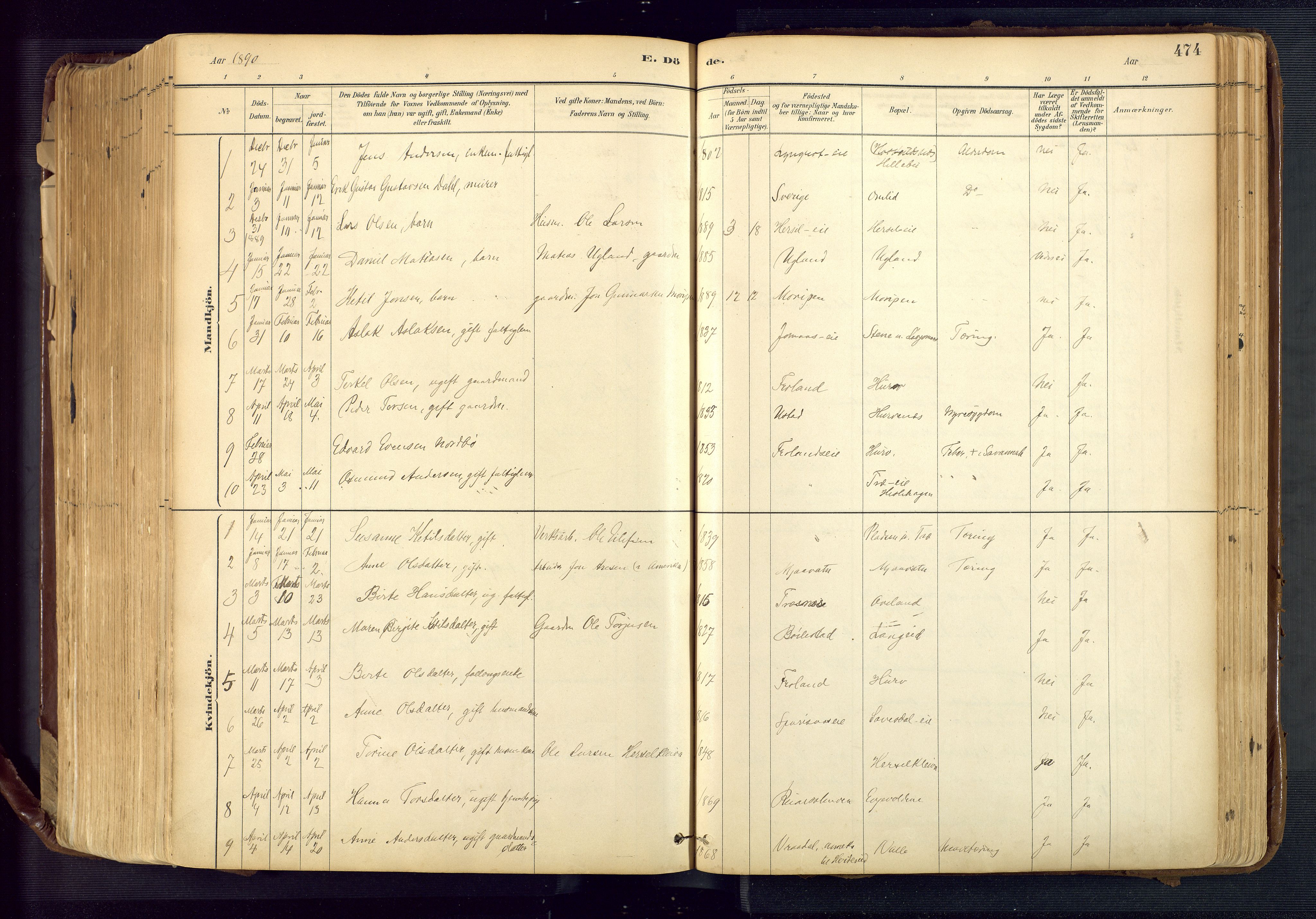 Froland sokneprestkontor, AV/SAK-1111-0013/F/Fa/L0005: Parish register (official) no. A 5, 1882-1921, p. 474