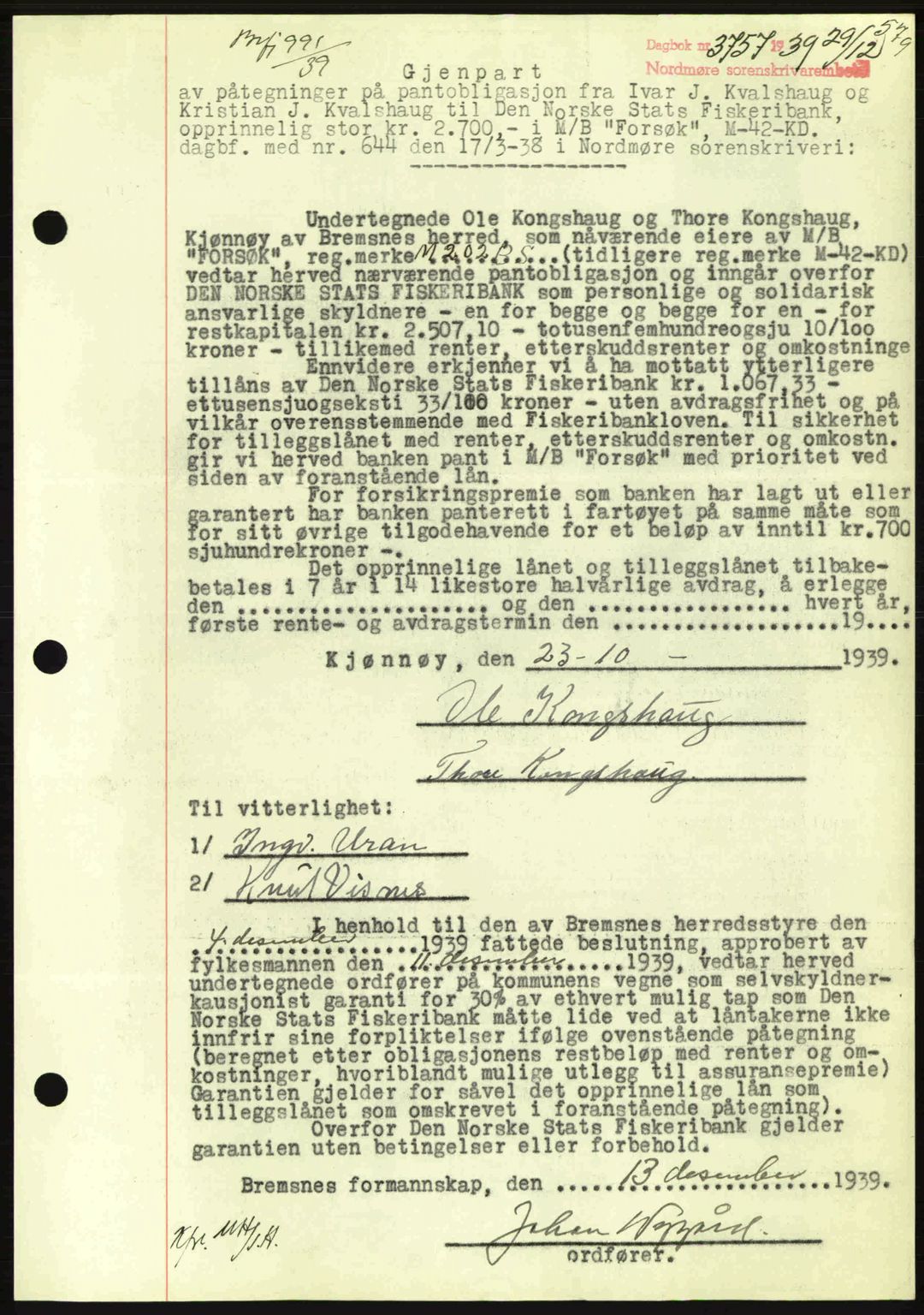 Nordmøre sorenskriveri, AV/SAT-A-4132/1/2/2Ca: Mortgage book no. B86, 1939-1940, Diary no: : 3757/1939