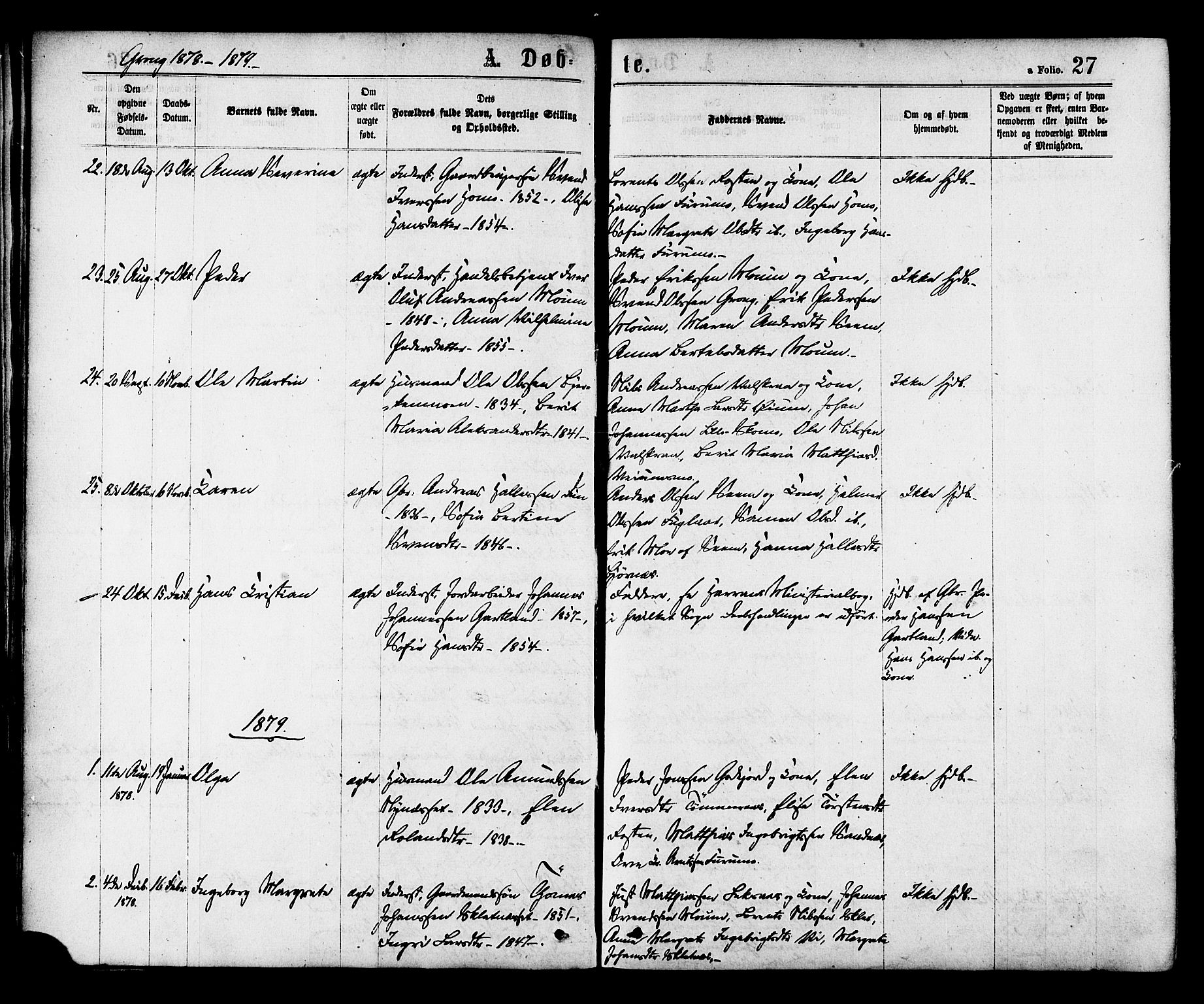 Ministerialprotokoller, klokkerbøker og fødselsregistre - Nord-Trøndelag, SAT/A-1458/758/L0516: Parish register (official) no. 758A03 /1, 1869-1879, p. 27