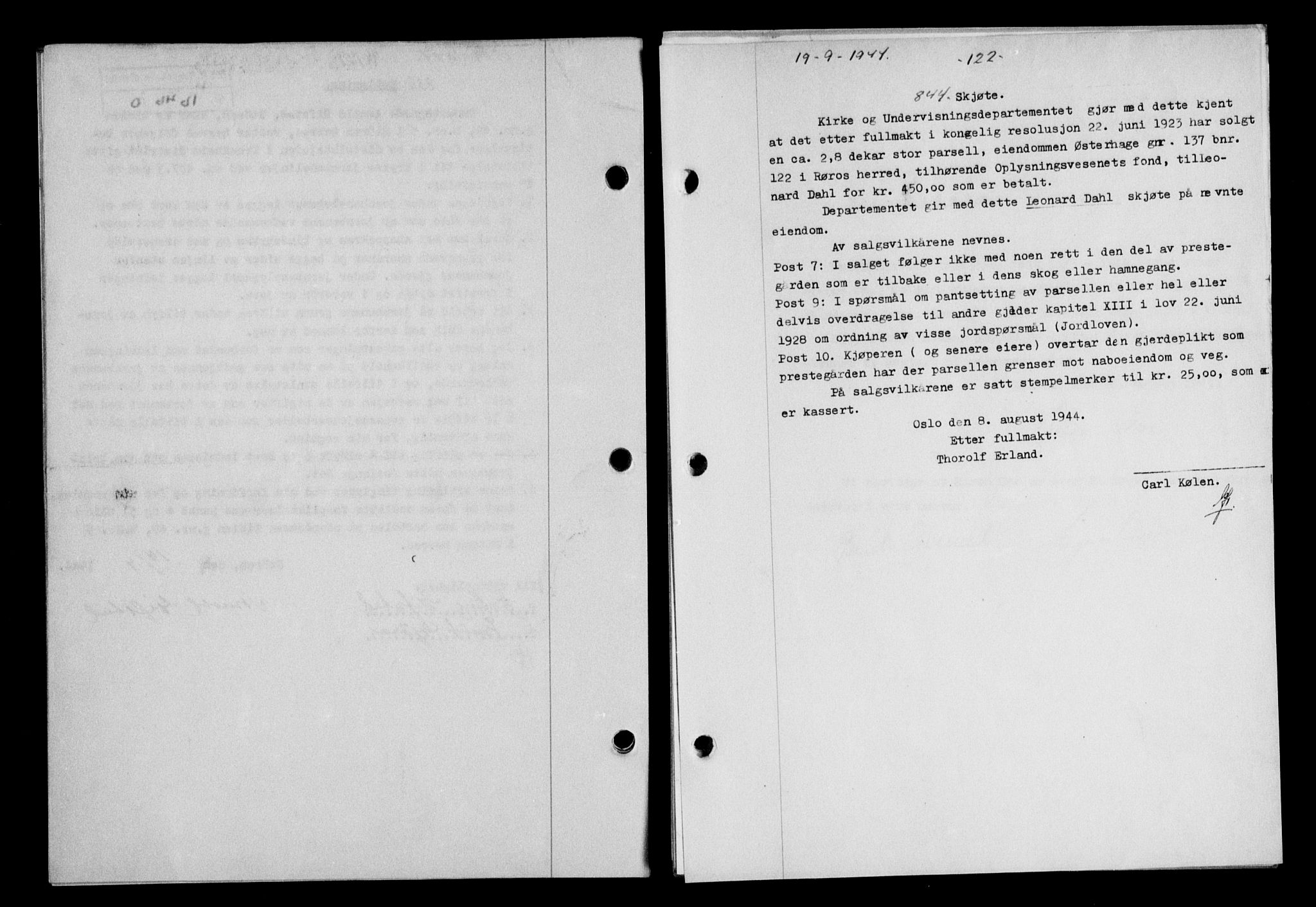 Gauldal sorenskriveri, SAT/A-0014/1/2/2C/L0058: Mortgage book no. 63, 1944-1945, Diary no: : 844/1944