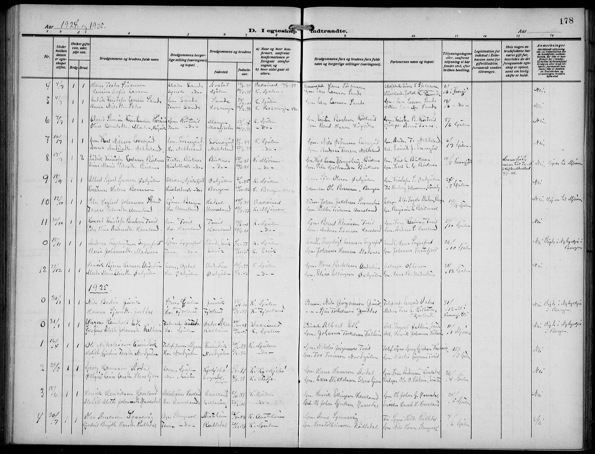 Gulen sokneprestembete, AV/SAB-A-80201/H/Hab/Habb/L0004: Parish register (copy) no. B 4, 1908-1936, p. 178