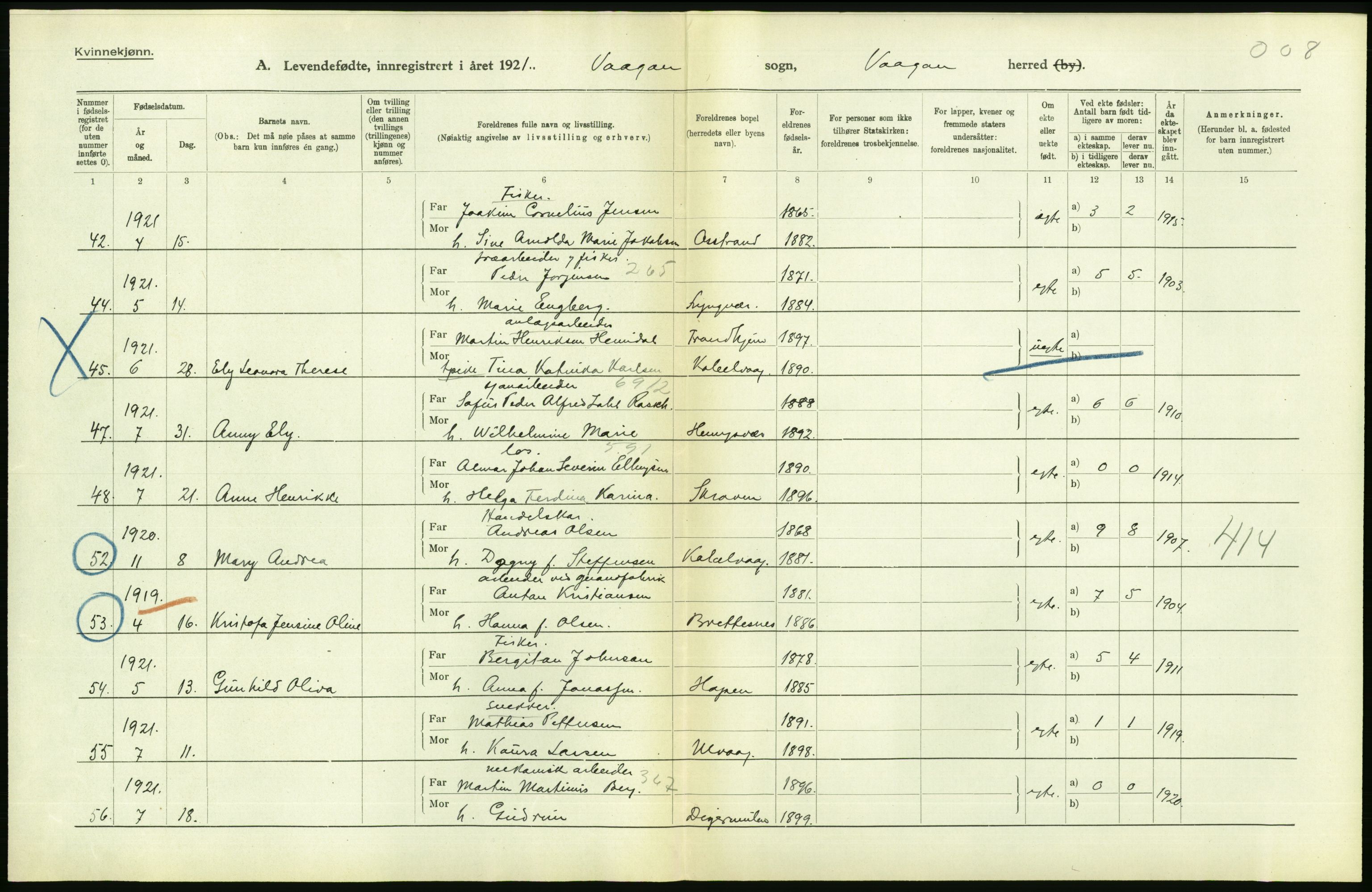 Statistisk sentralbyrå, Sosiodemografiske emner, Befolkning, AV/RA-S-2228/D/Df/Dfc/Dfca/L0049: Nordland fylke: Levendefødte menn og kvinner. Bygder., 1921, p. 310