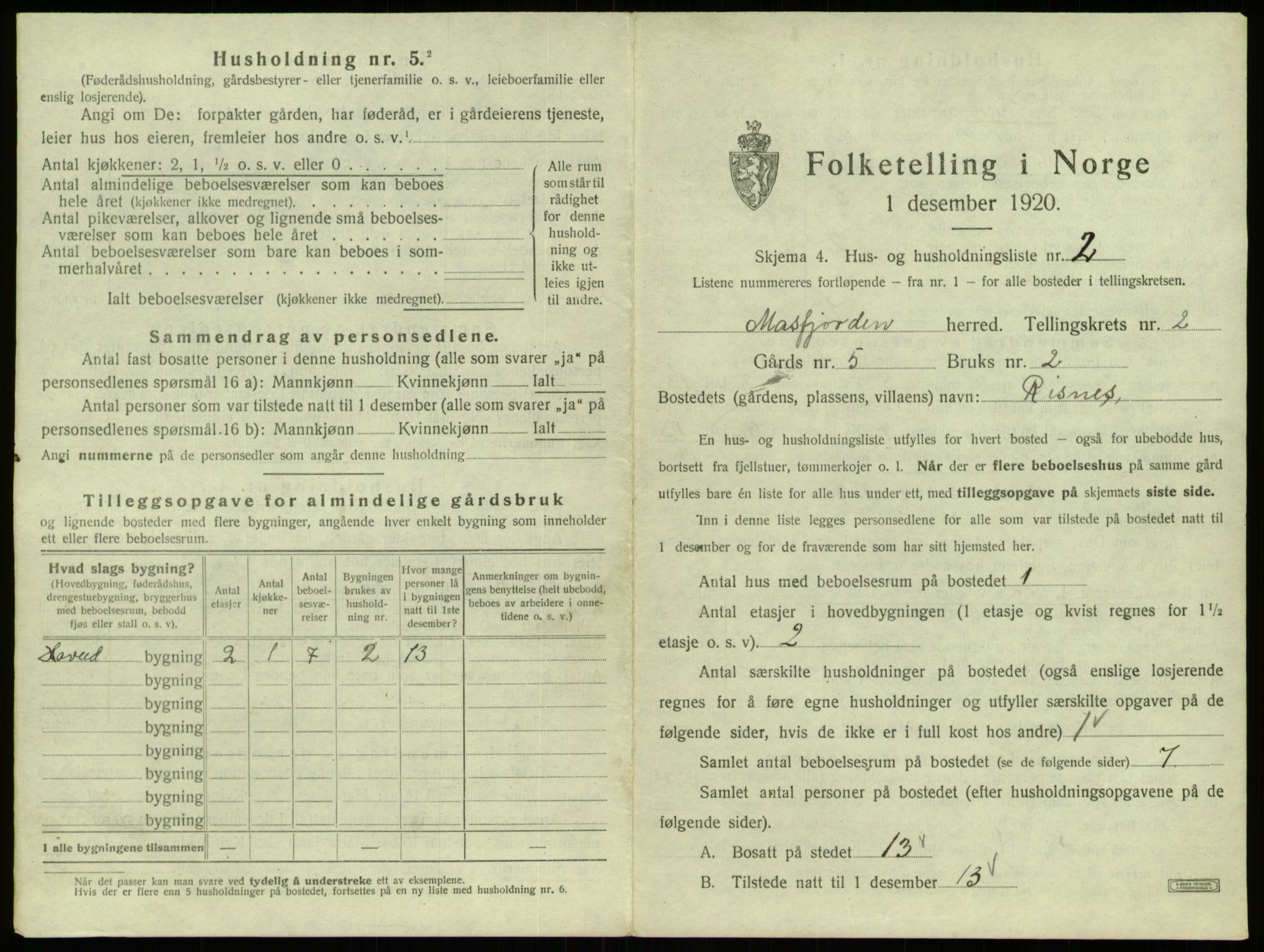 SAB, 1920 census for Masfjorden, 1920, p. 99