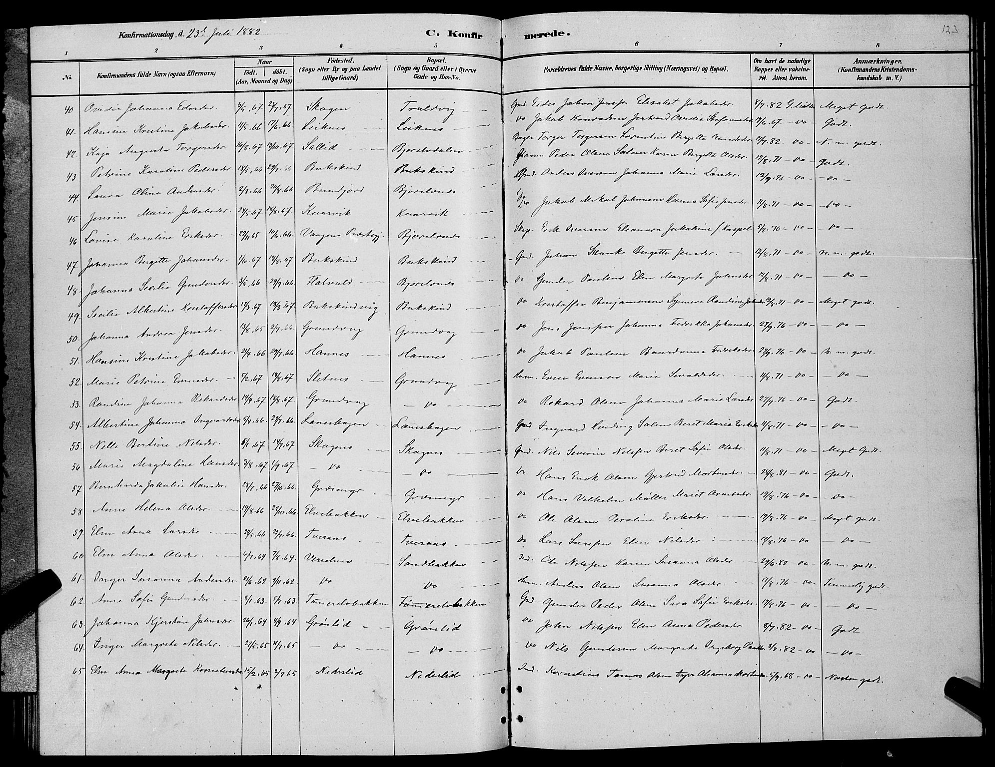 Lenvik sokneprestembete, AV/SATØ-S-1310/H/Ha/Hab/L0006klokker: Parish register (copy) no. 6, 1881-1889, p. 123