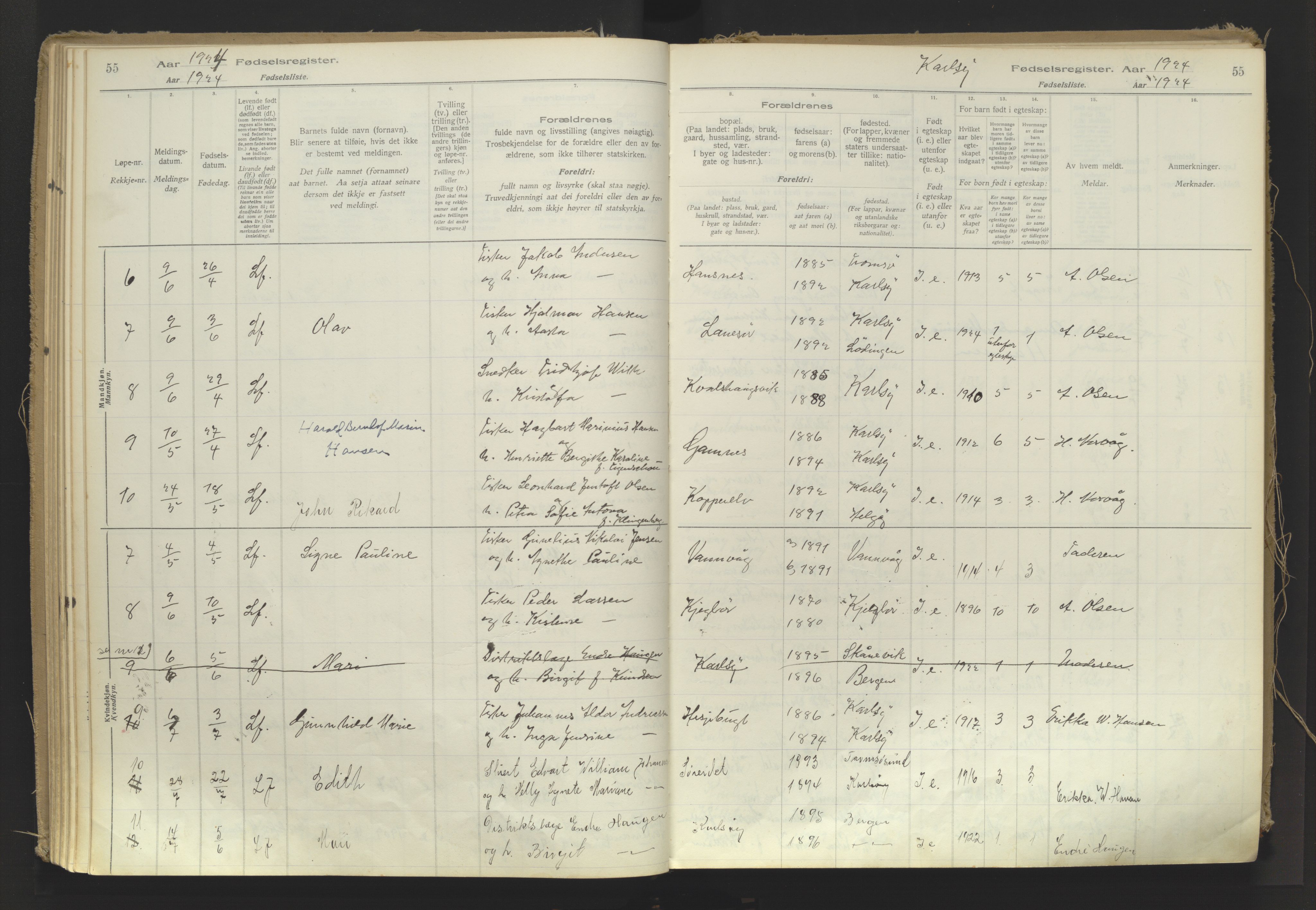 Karlsøy sokneprestembete, AV/SATØ-S-1299/I/Ic/L0064: Birth register no. 64, 1916-1943, p. 55