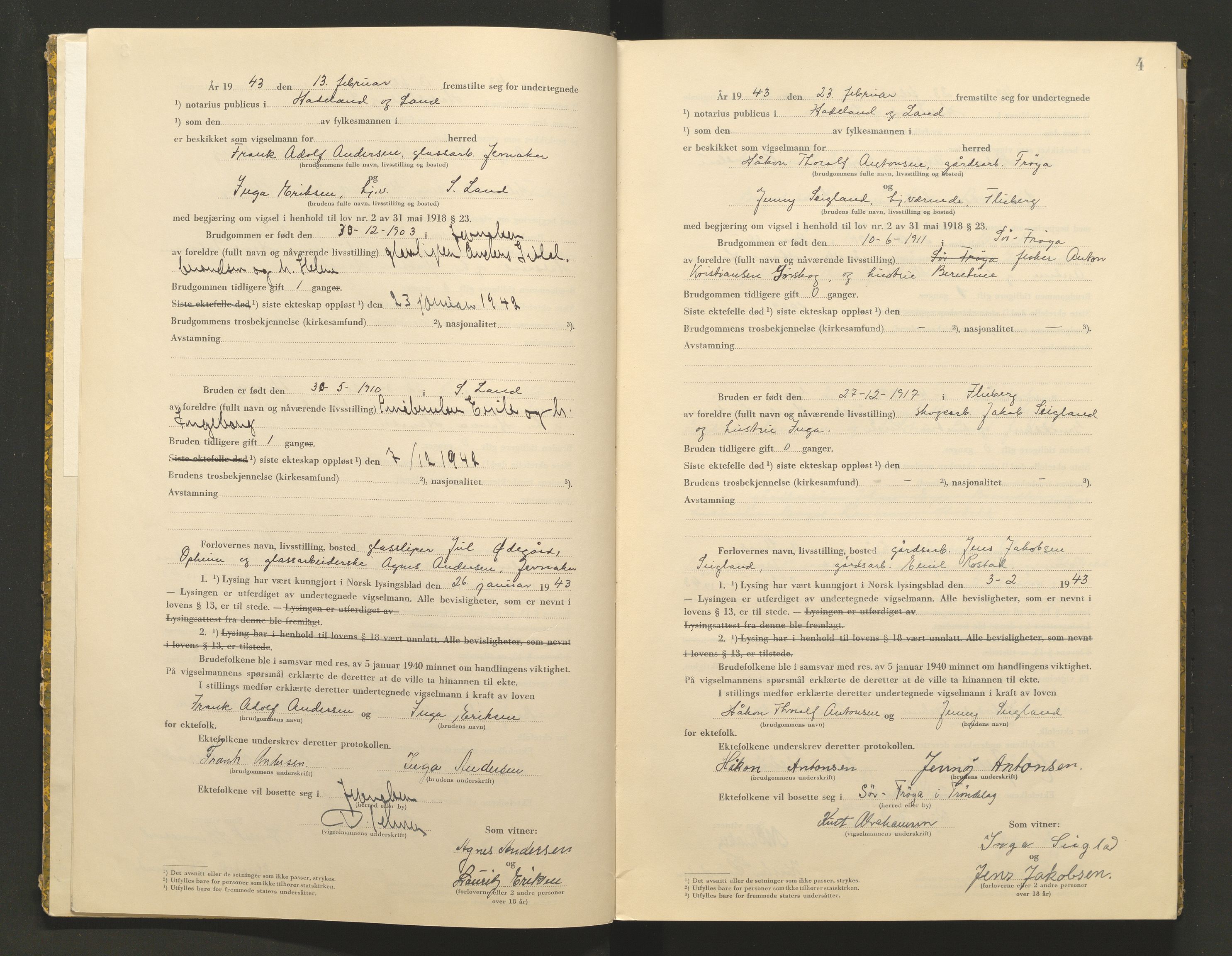 Hadeland og Land tingrett, AV/SAH-TING-010/L/Lb/L0002: Vigselbok, 1943-1944, p. 4