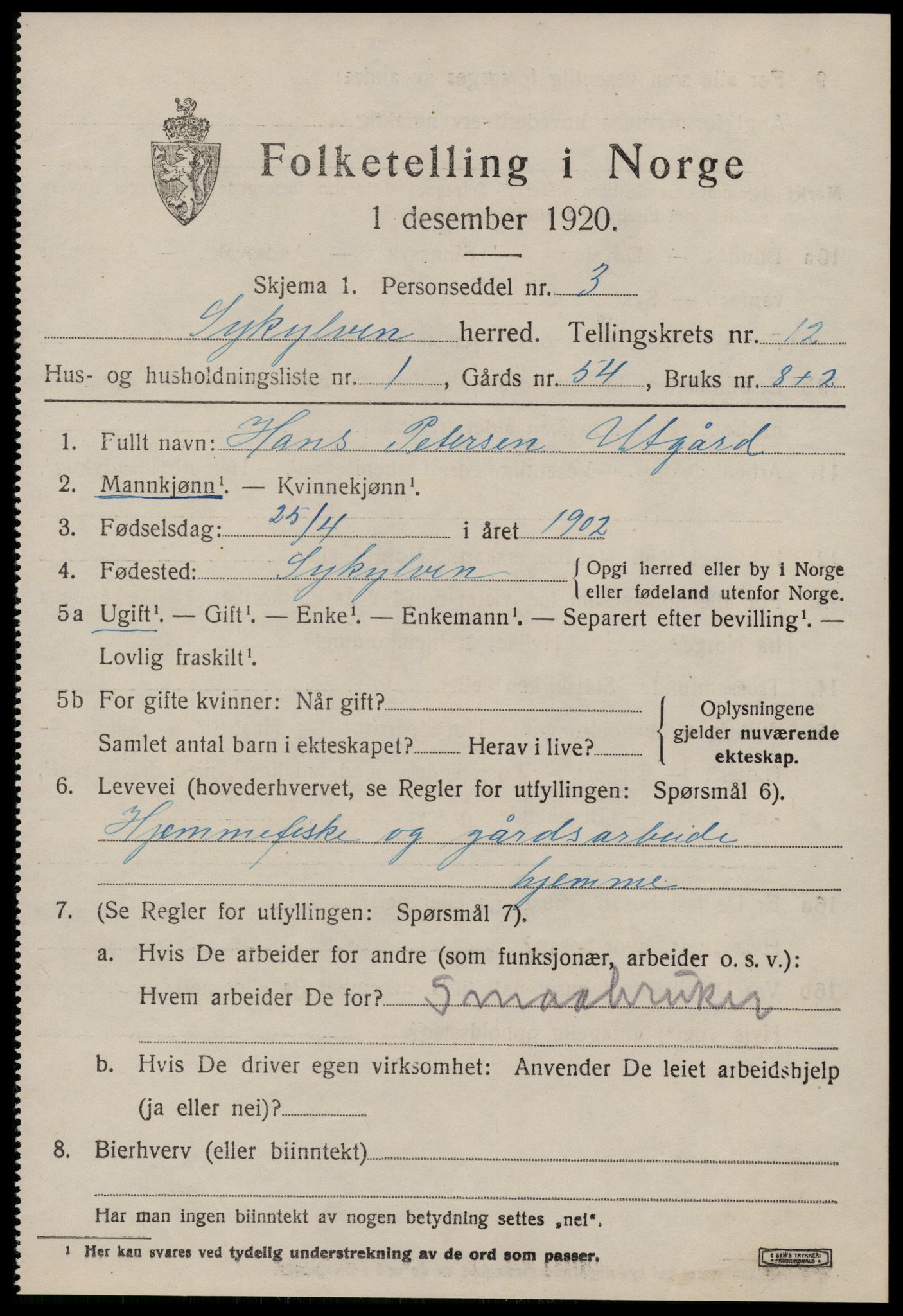 SAT, 1920 census for Sykkylven, 1920, p. 5689