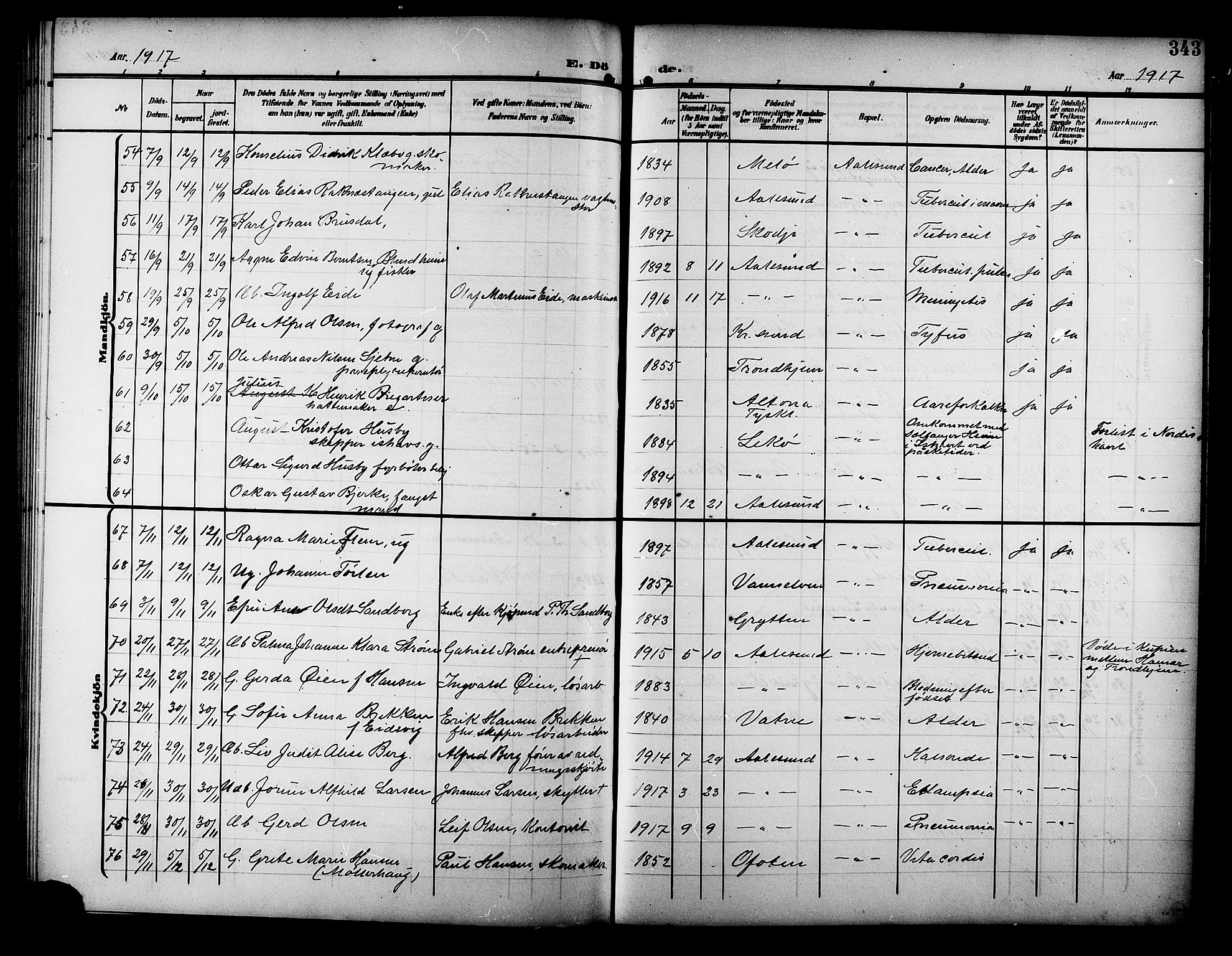 Ministerialprotokoller, klokkerbøker og fødselsregistre - Møre og Romsdal, SAT/A-1454/529/L0470: Parish register (copy) no. 529C07, 1907-1917, p. 343