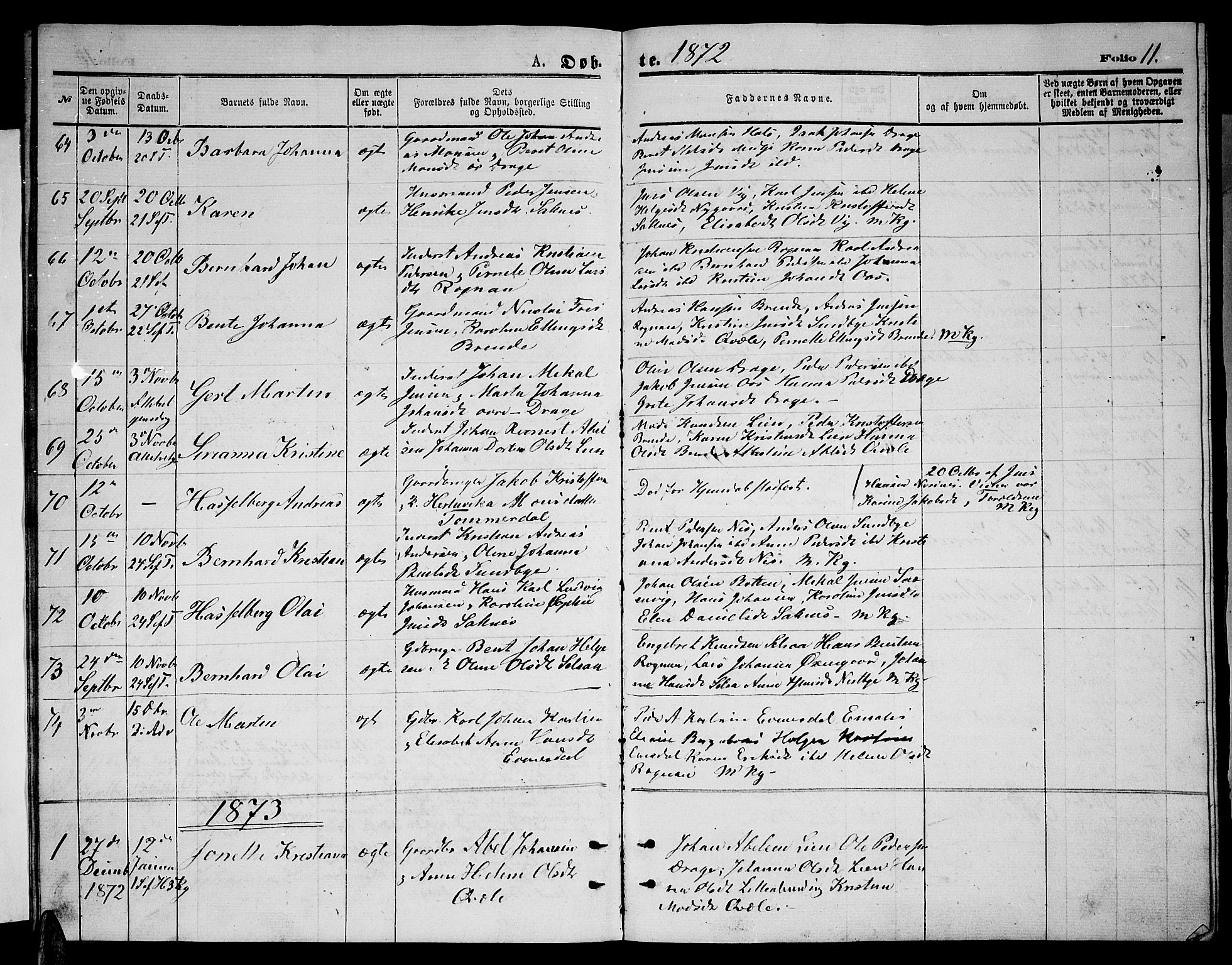 Ministerialprotokoller, klokkerbøker og fødselsregistre - Nordland, SAT/A-1459/847/L0679: Parish register (copy) no. 847C07, 1870-1888, p. 11
