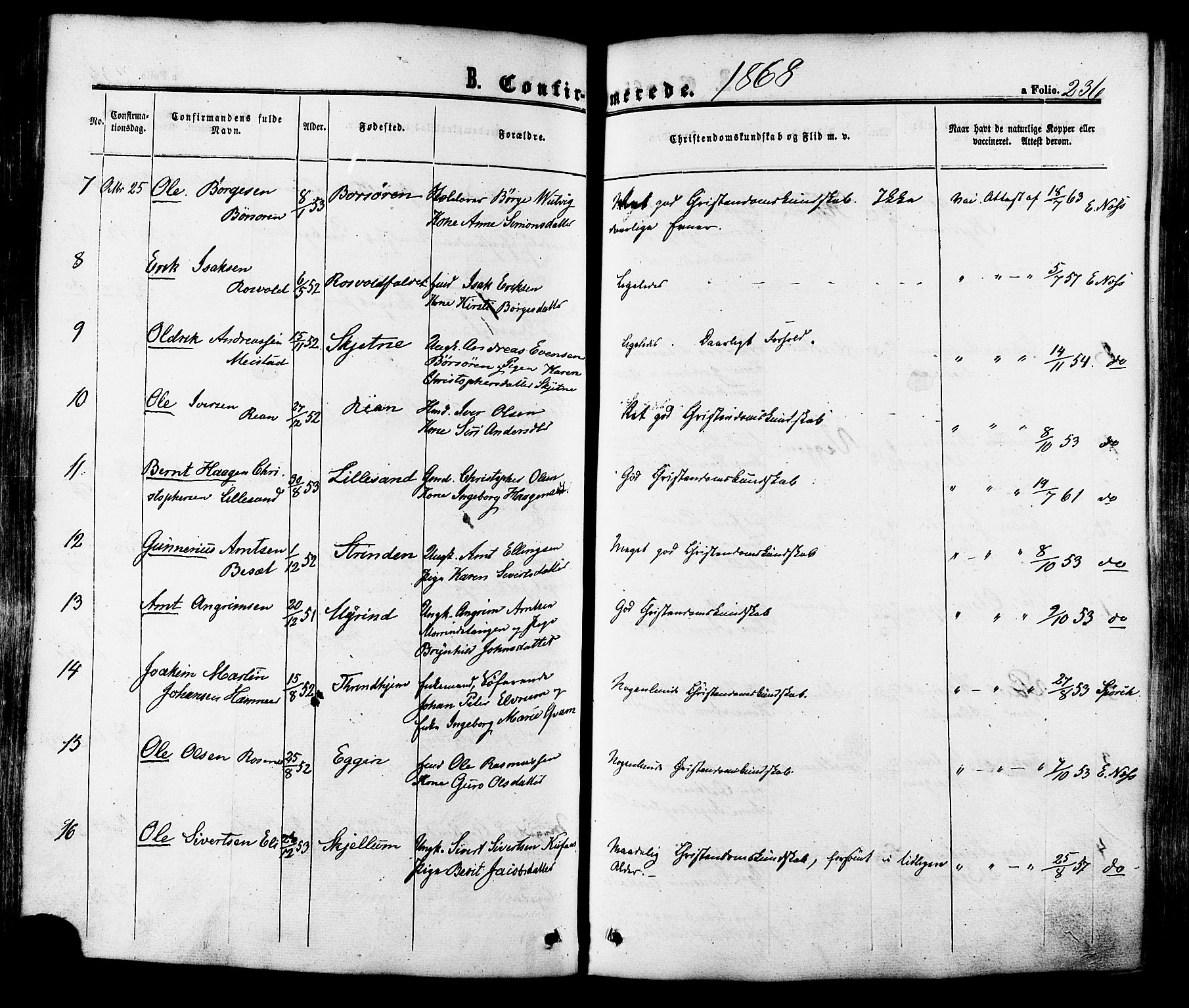 Ministerialprotokoller, klokkerbøker og fødselsregistre - Sør-Trøndelag, AV/SAT-A-1456/665/L0772: Parish register (official) no. 665A07, 1856-1878, p. 236