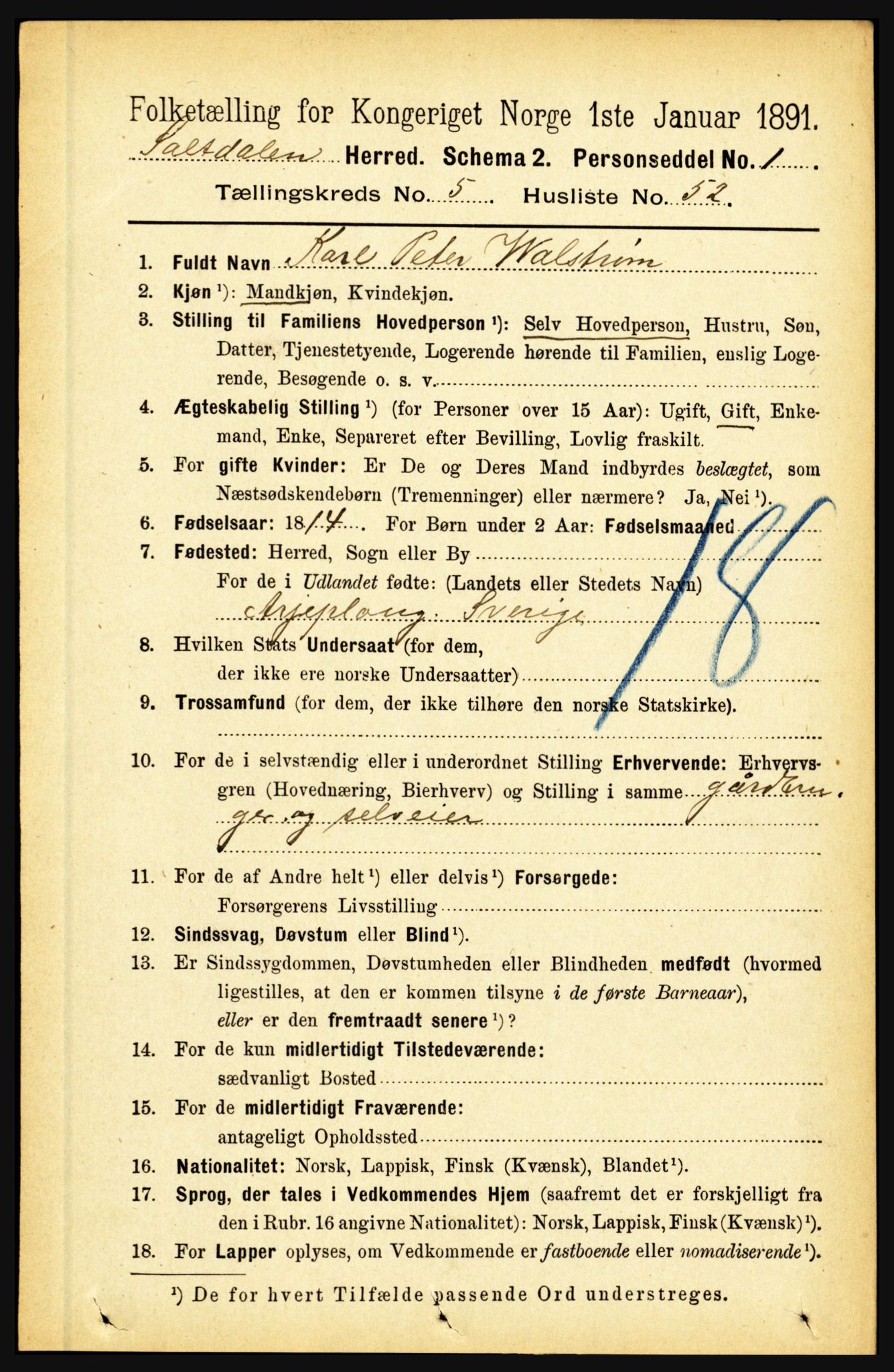 RA, 1891 census for 1840 Saltdal, 1891, p. 3176